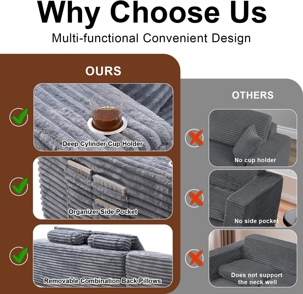 Canapé sectionnel Cloud avec méridienne en L, canapé modulaire moderne avec assise profonde, porte-gobelet intégré et poche de rangement