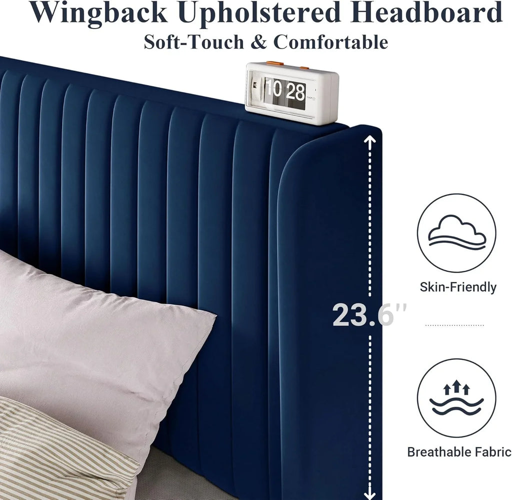 Cadre de lit Allewie en velours pleine grandeur/tête de lit capitonnée à oreilles verticales/lit plateforme rembourré/lattes en bois robustes