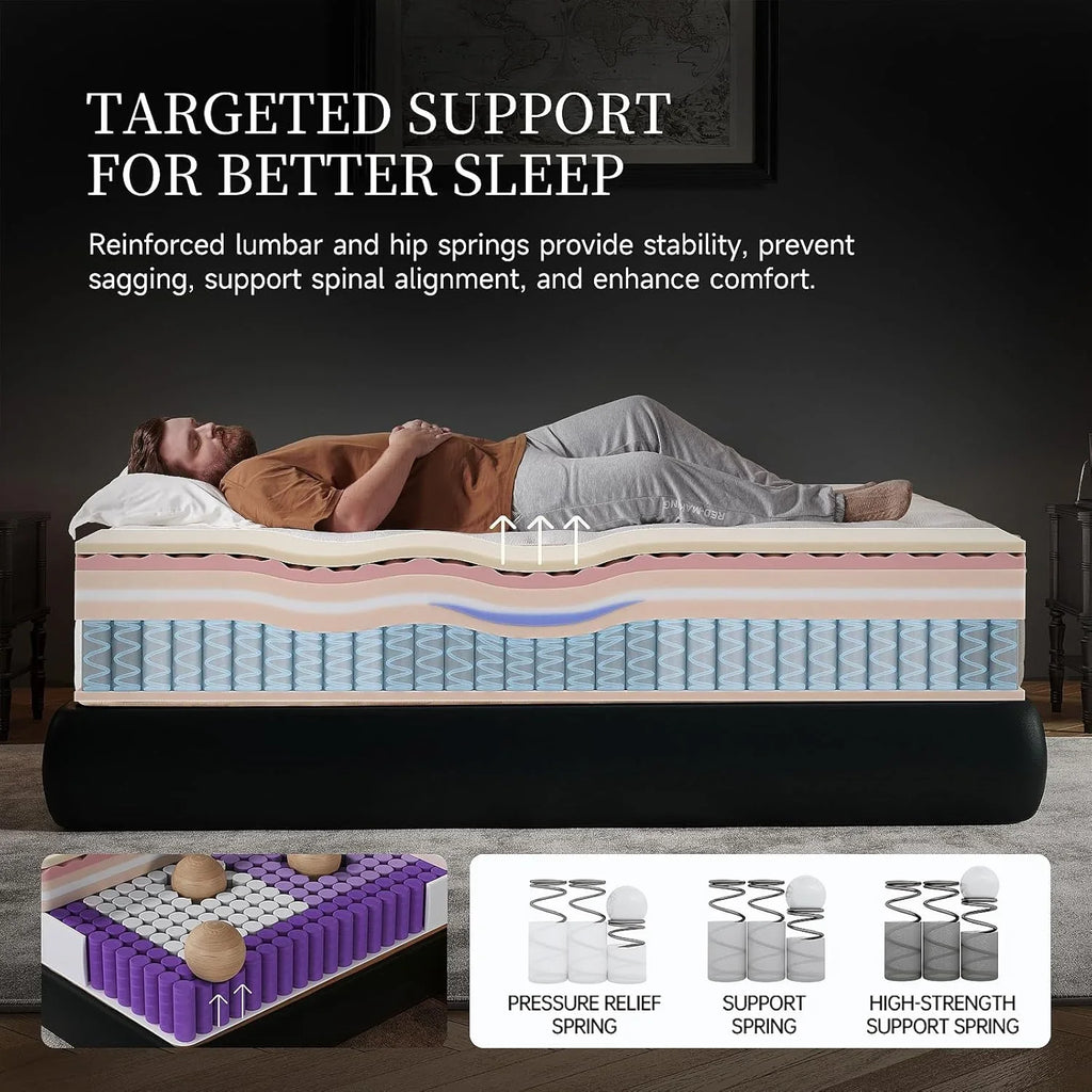 Matelas hybride queen-size de 14 pouces avec mousse à mémoire de forme rafraîchissante et ressorts ensachés zonés