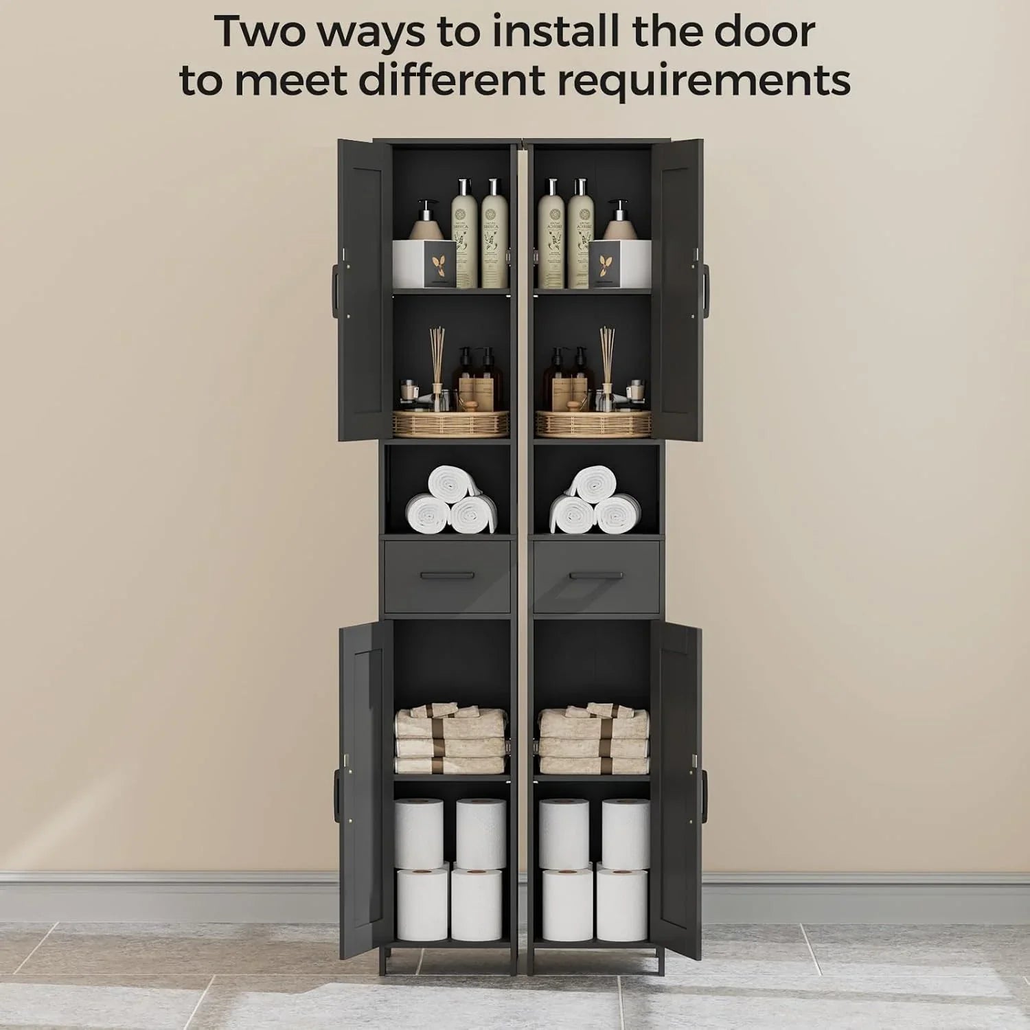 Meuble de rangement de salle de bain Homhedy de 67 po de hauteur avec 2 portes de grange et 1 tiroir