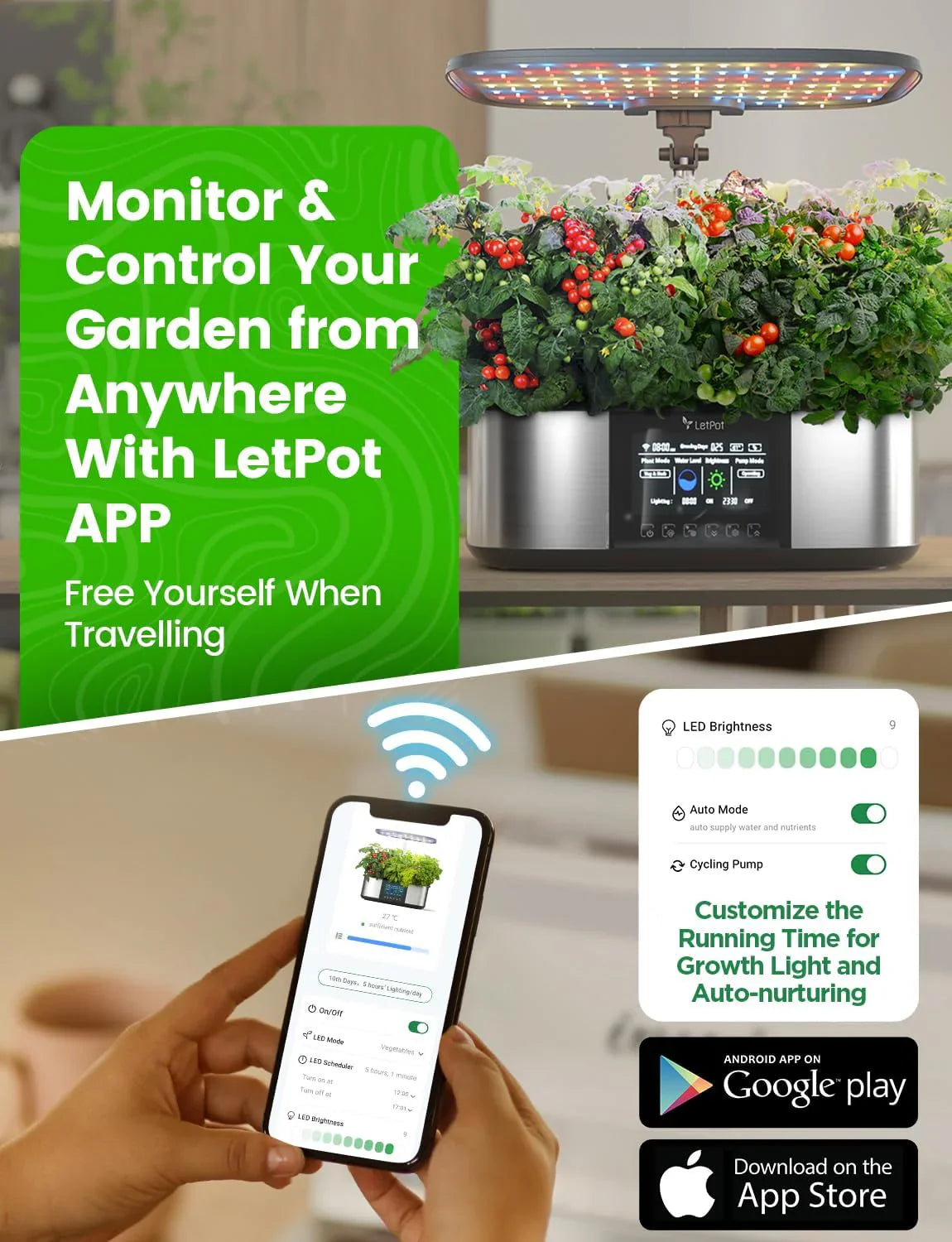Système de plantation hydroponique, jardin d'intérieur intelligent pour 12 herbes aromatiques, contrôle par application et Wi-Fi, avec LED de croissance 24 W, réservoir d'eau 5,5 L, système de pompage et minuterie automatique.