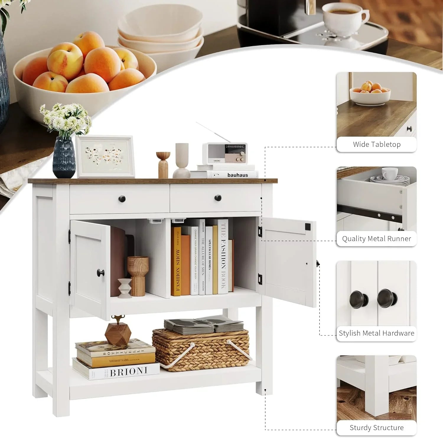 Table console de style ferme, bar à café, table d'entrée avec support de rangement, table de canapé, buffet