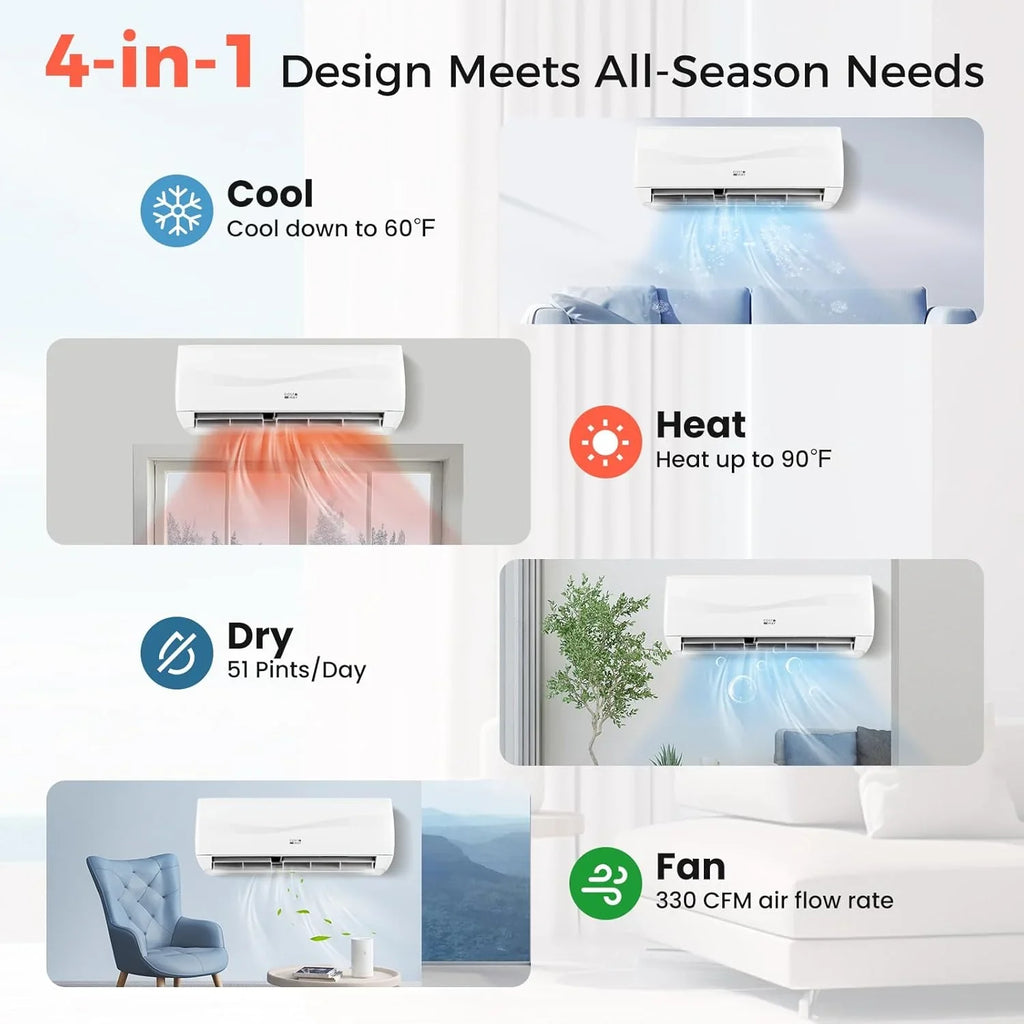 Climatiseur et chauffage mini-split Costway 12 000 BTU, 20 SEER2 115 V, unité de climatisation murale sans conduit, refroidit les pièces jusqu'à 750 pi²