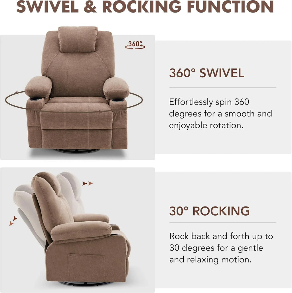 Grand fauteuil inclinable pivotant à bascule avec fonction chauffage et massage, canapé simple pivotant à 360 degrés