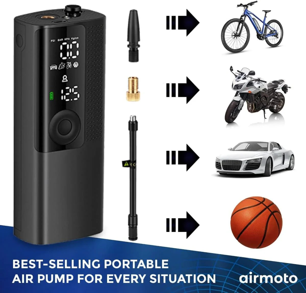 Compresseur d'air portable Airmoto pour pneus de voiture, avec manomètre numérique, éclairage LED et arrêt automatique.