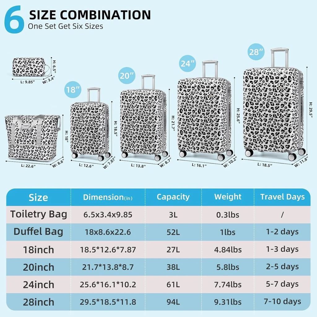 Ensemble de bagages 6 pièces, ensemble de valises rigides extensibles avec roulettes pivotantes, ensemble de bagages à roulettes légers