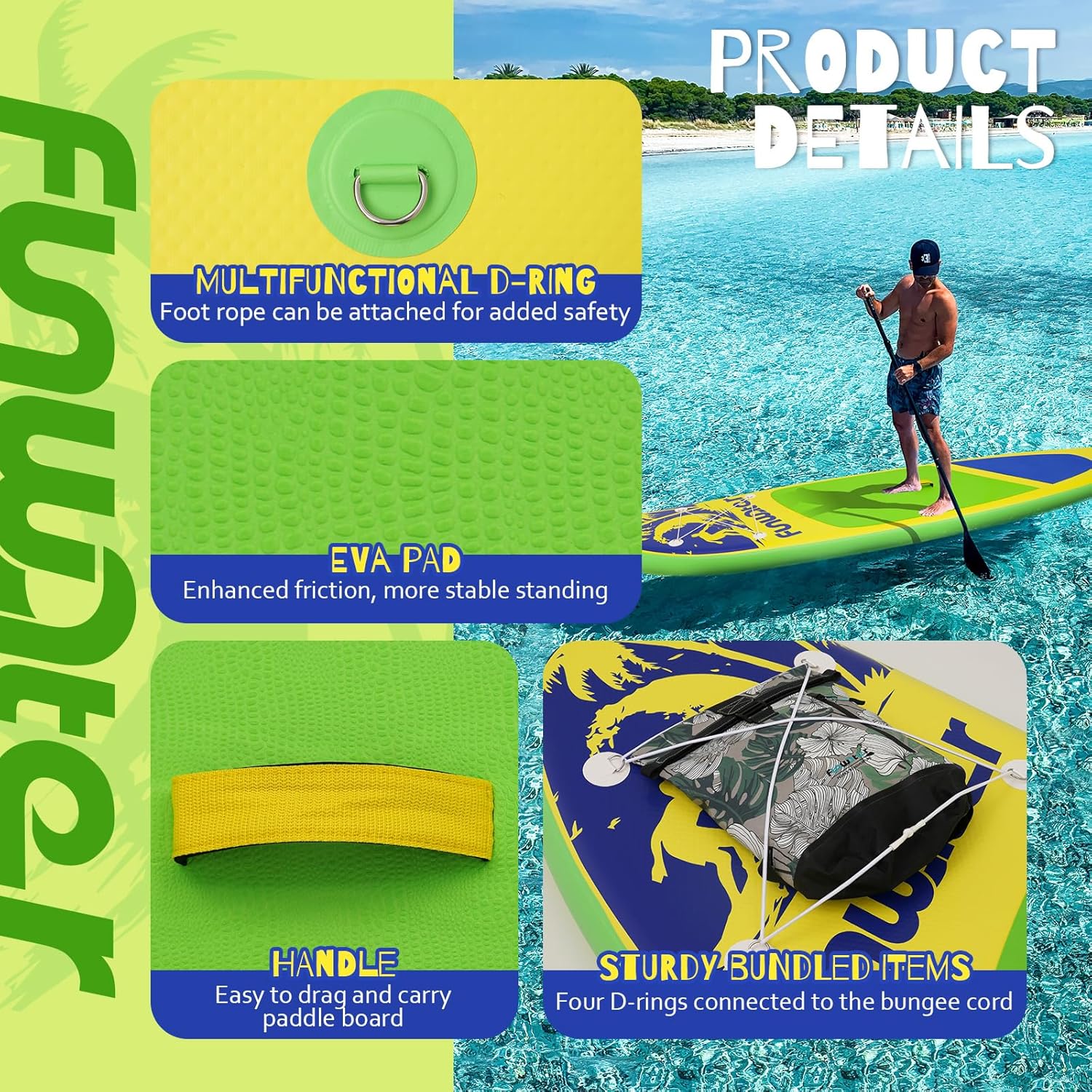 Planche de stand up paddle gonflable FunWater avec accessoires de pagaie SUP haut de gamme, pont EVA antidérapant, pagaie 11'/10'6'