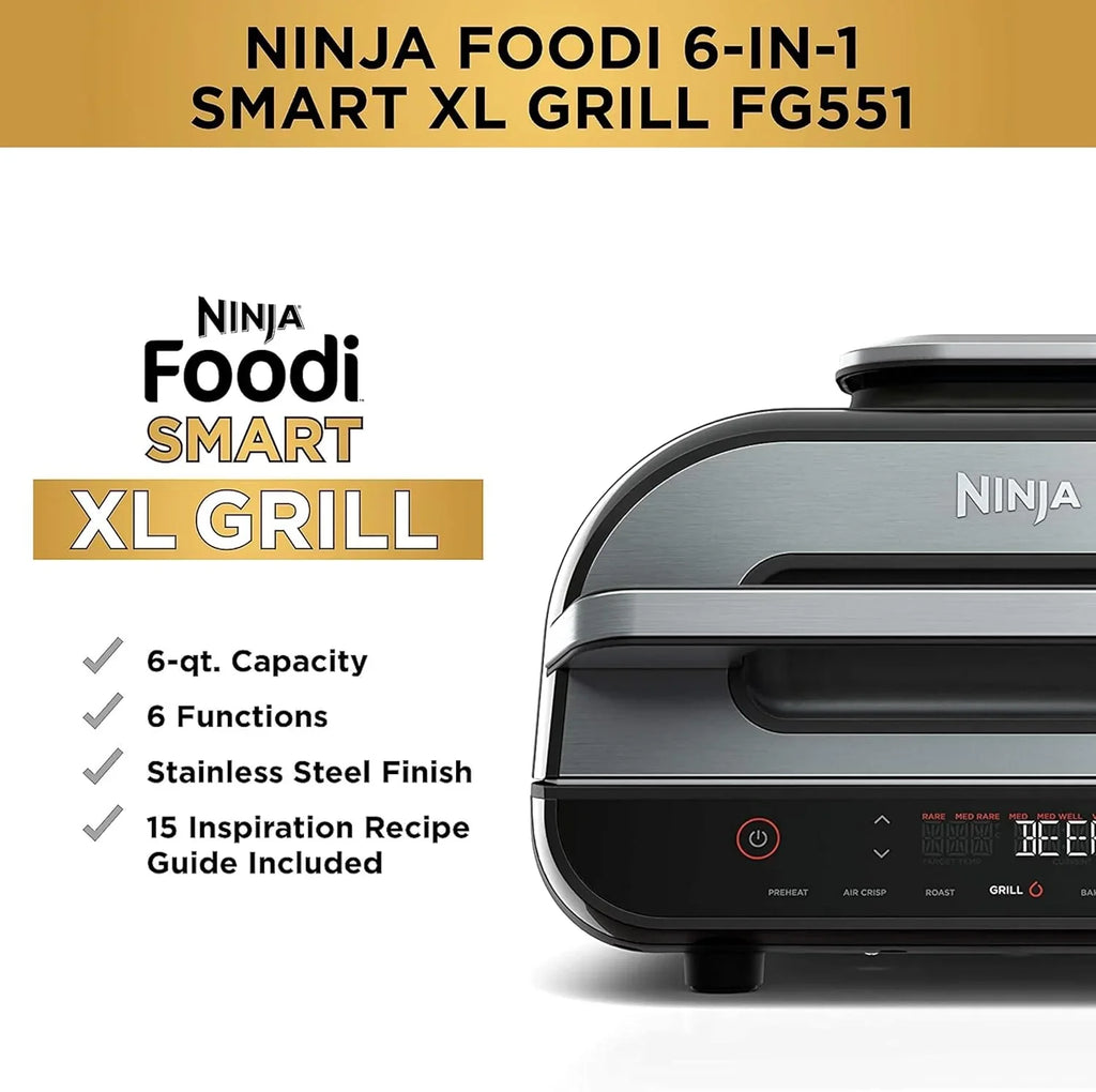 Gril d'intérieur Ninja Foodi Smart XL 6 en 1 avec friture à air, cuisson au four, rôtissage, grillage et déshydratation, thermomètre intelligent
