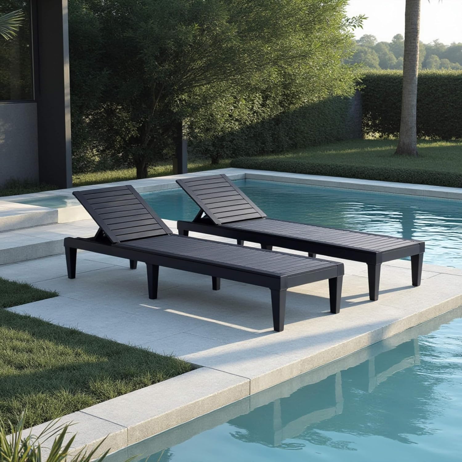 Chaises de patio - Ensemble de 2 chaises longues noires pour l'extérieur, chaise longue de jardin légère