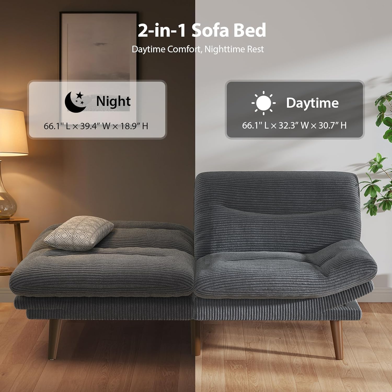 Canapé-lit futon convertible, canapé-lit futon inclinable en velours côtelé de 66 pouces pour petits espaces, salles de jeux ou bureaux