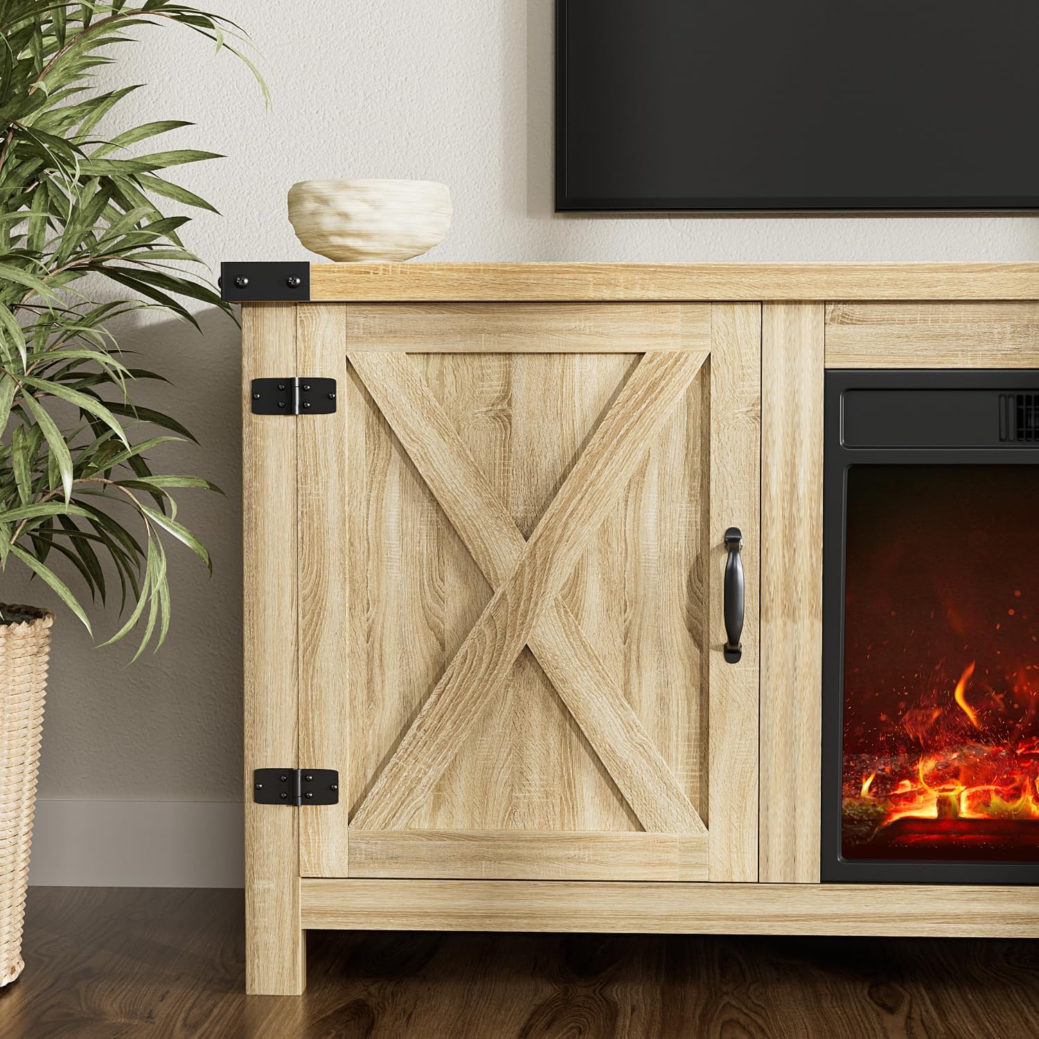 YESHOMY Meuble TV avec cheminée et deux portes de grange, armoires de rangement pour téléviseurs jusqu'à 65 pouces et plus, console de divertissement, meuble multimédia pour salon, 58 pouces