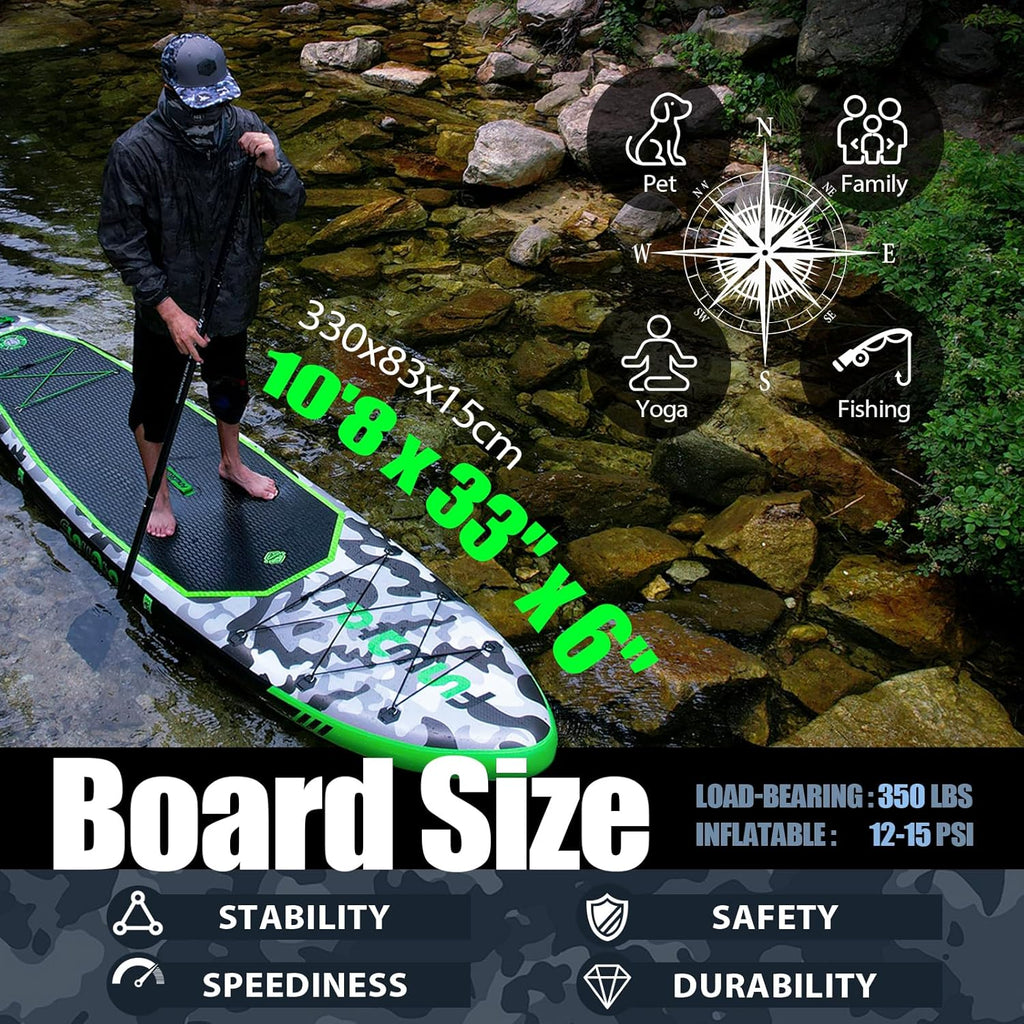 Planche de stand up paddle gonflable FunWater avec accessoires de pagaie SUP haut de gamme, pont EVA antidérapant, pagaie 11'/10'6'