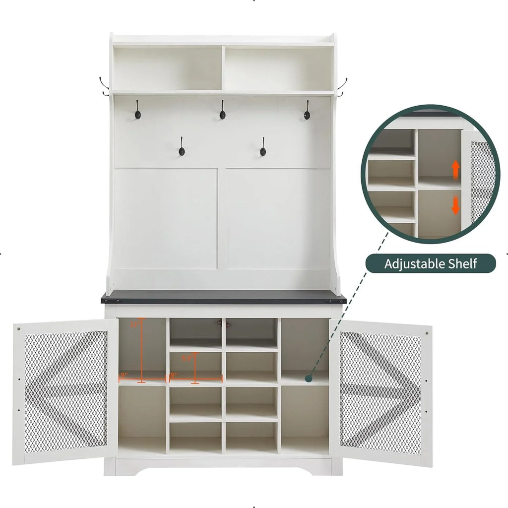 JXQTLINGMU Arbre de foyer de ferme de 59 pouces avec rangement pour chaussures, banc d'entrée, porte-manteau, armoire