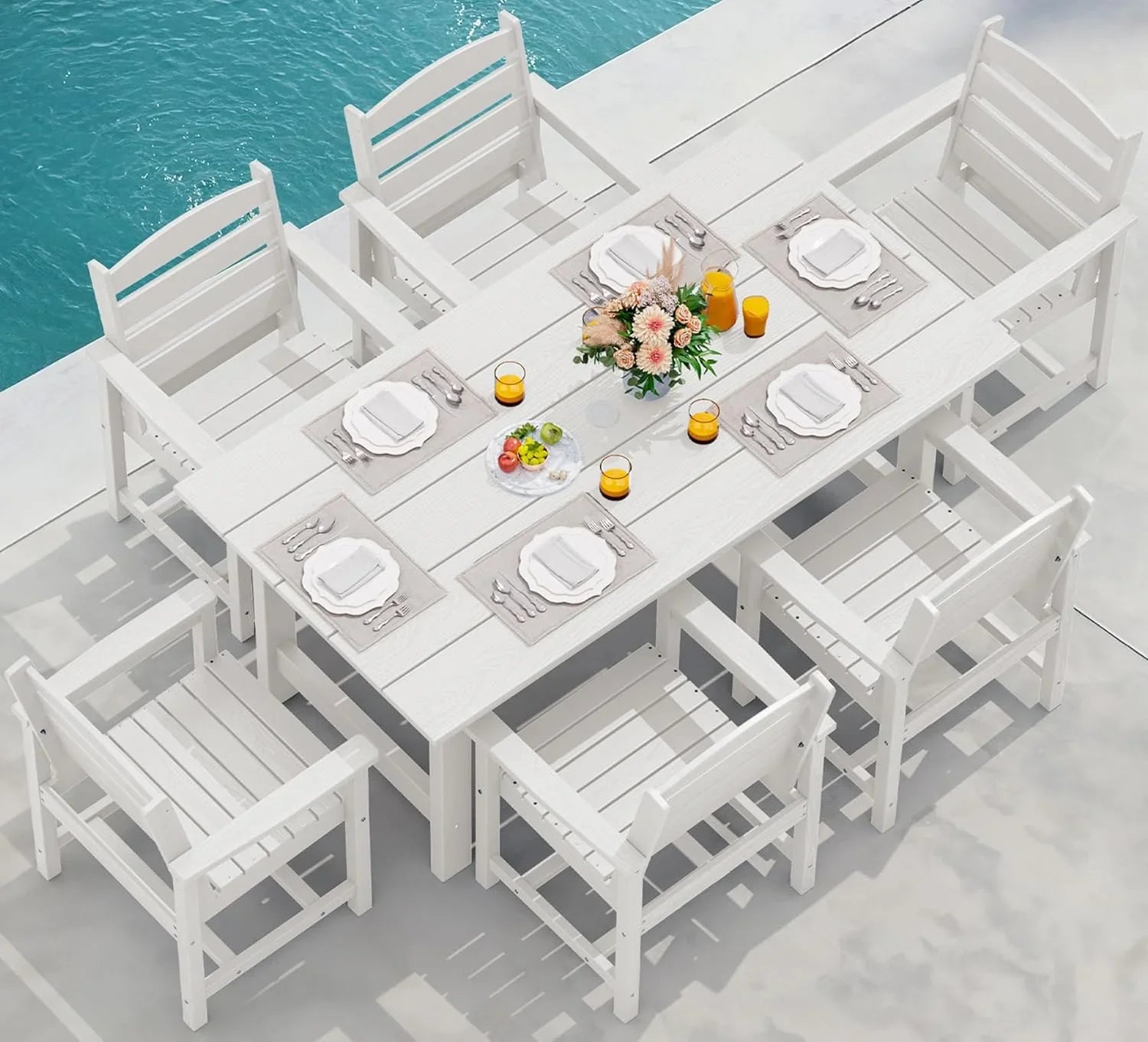 Ensemble de salle à manger d'extérieur en PEHD, 7 pièces, avec table découpée pour parasol et 6 chaises