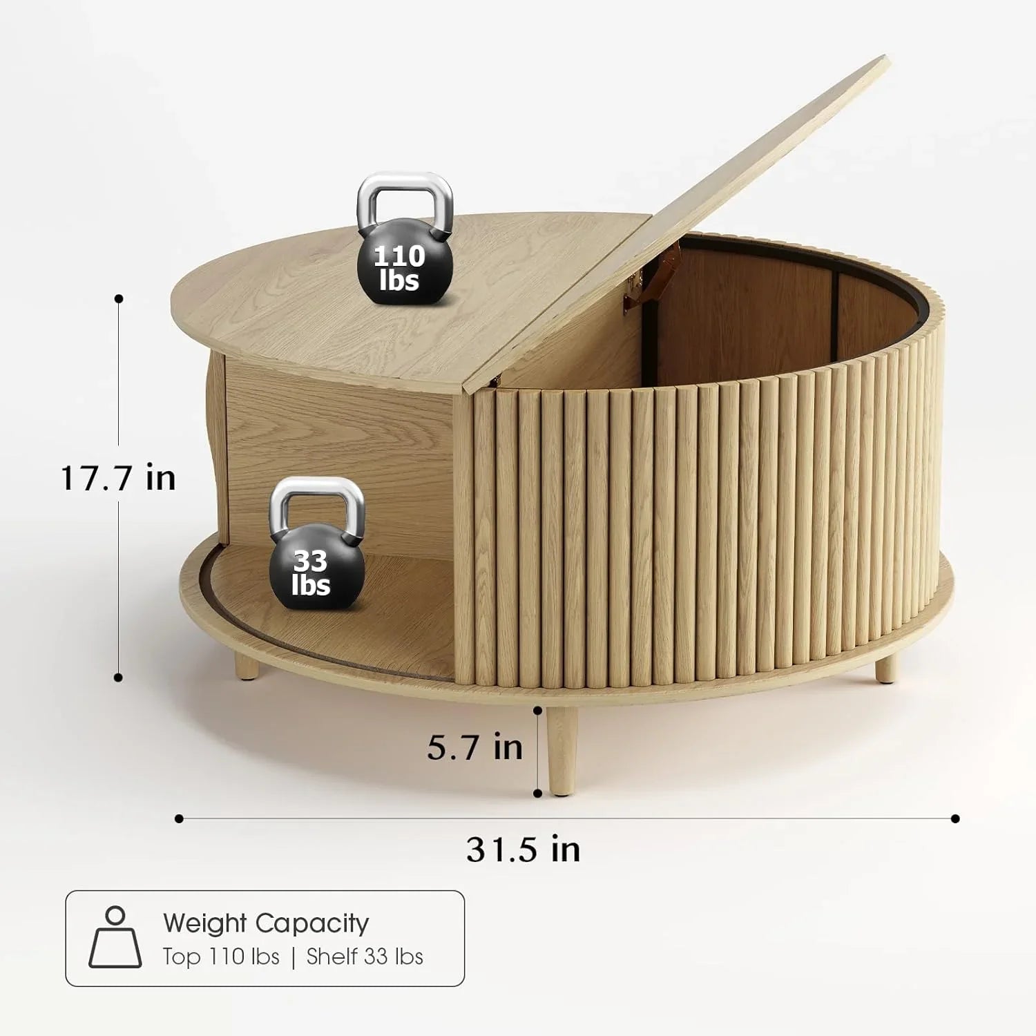 Table basse ronde avec rangement, table centrale encastrée avec portes coulissantes