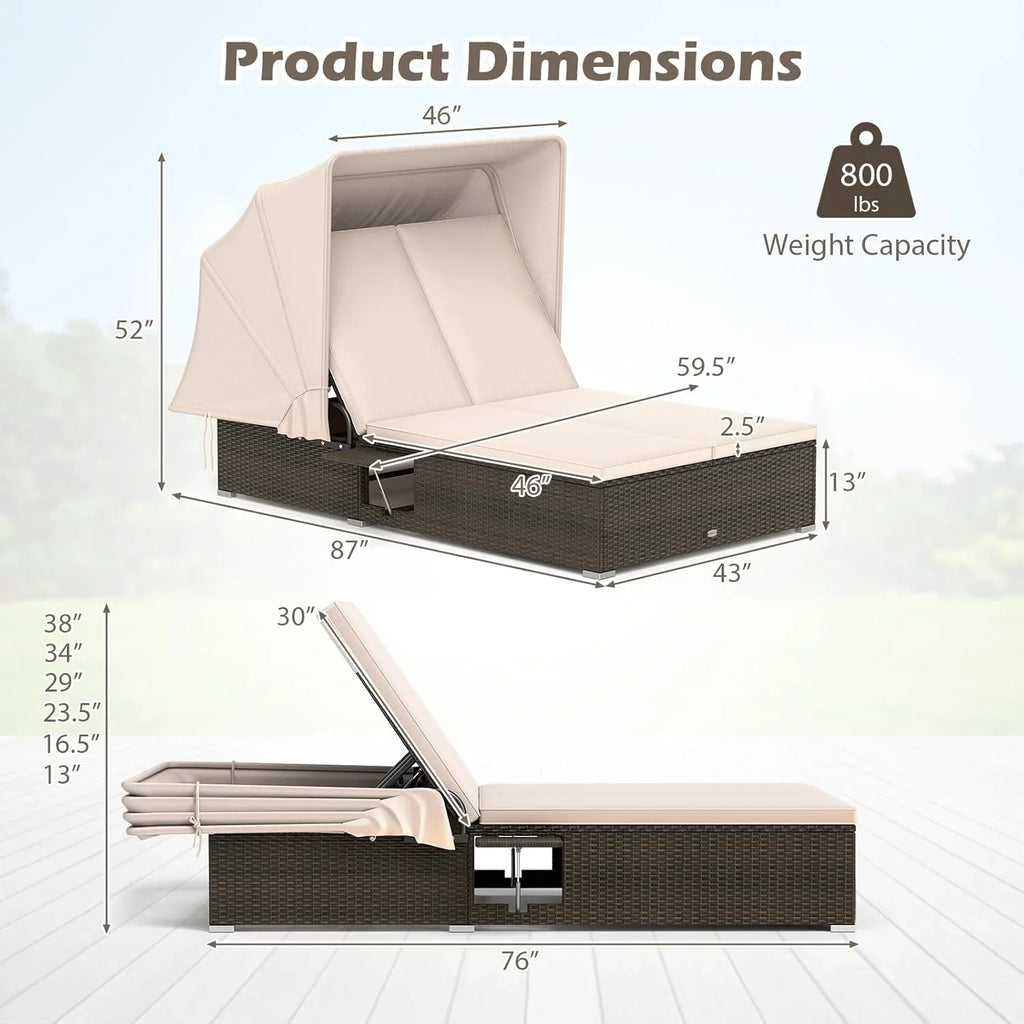 Lit de repos d'extérieur RELAX4LIFE avec auvent rétractable - Chaise longue double en osier avec dossier à 6 positions