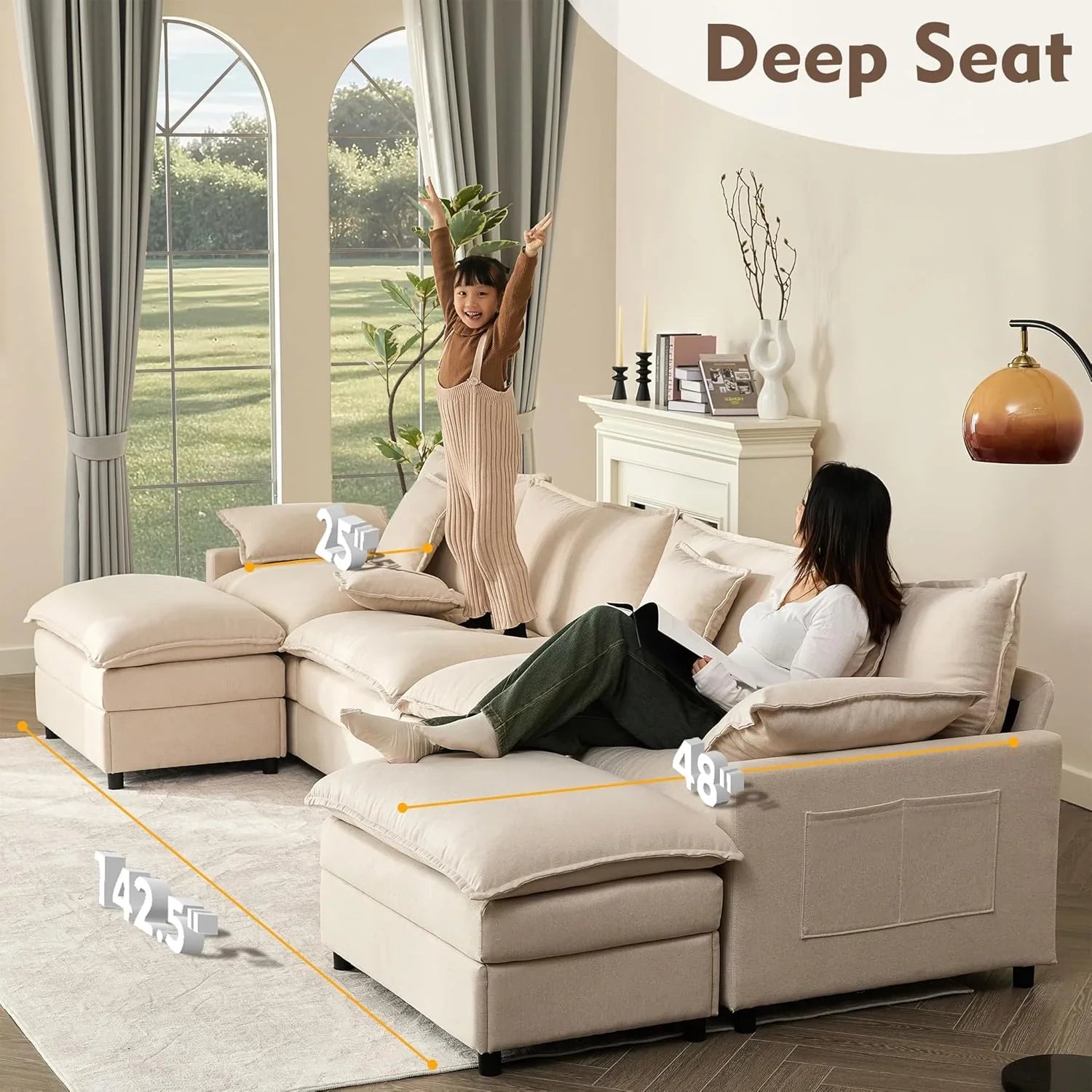 Canapé en U 108", canapé modulaire, canapé nuage trois places confortable