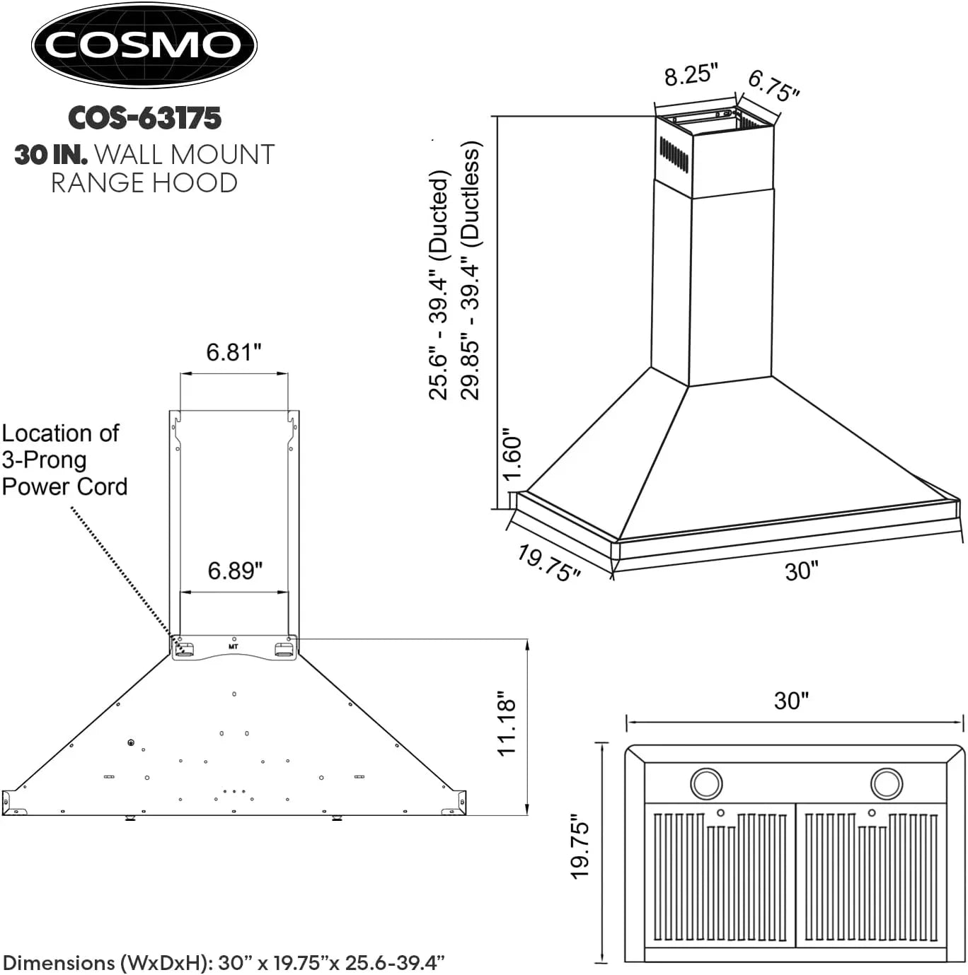 Hotte de cuisinière murale à conduit COSMO Vista Series 30 po 380 pi³/min