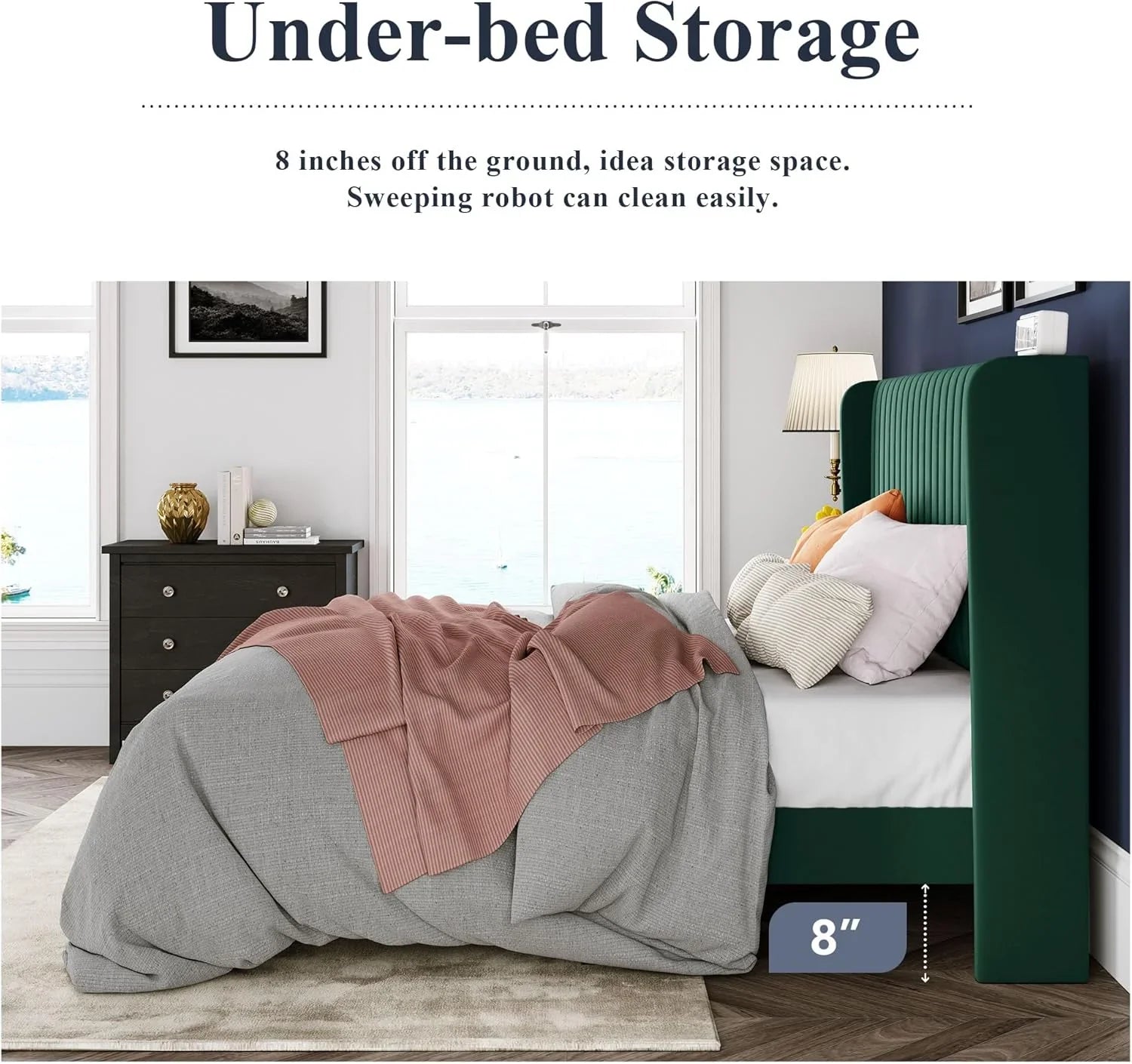 Cadre de lit Allewie en velours pleine grandeur/tête de lit capitonnée à oreilles verticales/lit plateforme rembourré/lattes en bois robustes