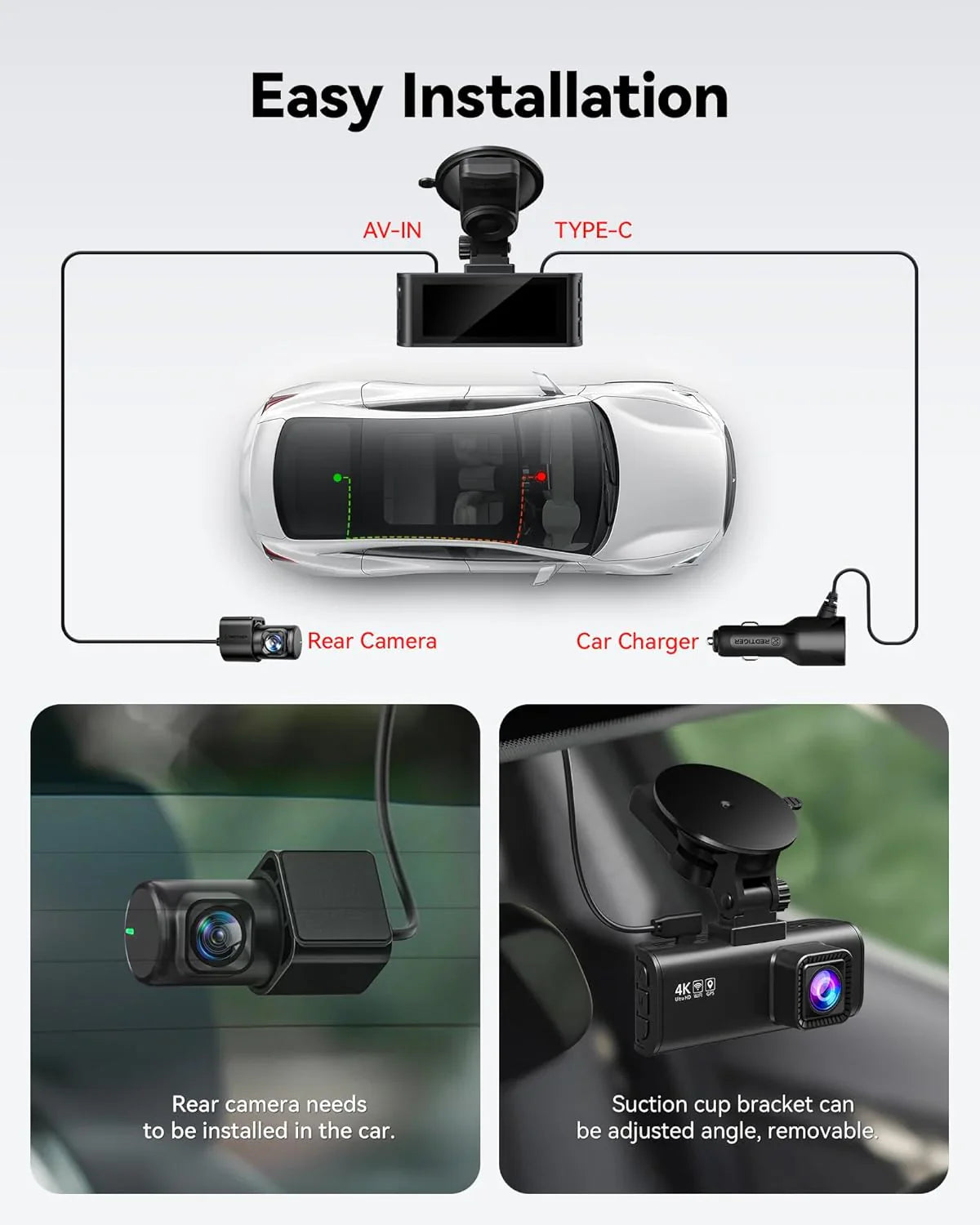 Dashcam voor/achter, Full HD 4K/2.5K voor in de auto, inclusief 32GB geheugenkaart, ingebouwde wifi/gps, 3,16-inch IPS-scherm, nachtzicht, 170° groothoek, WDR, 24/7 parkeermodus (F7NP) 