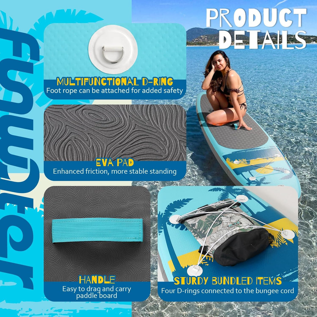 Planche de stand up paddle gonflable FunWater avec accessoires de pagaie SUP haut de gamme, pont EVA antidérapant, pagaie 11'/10'6'