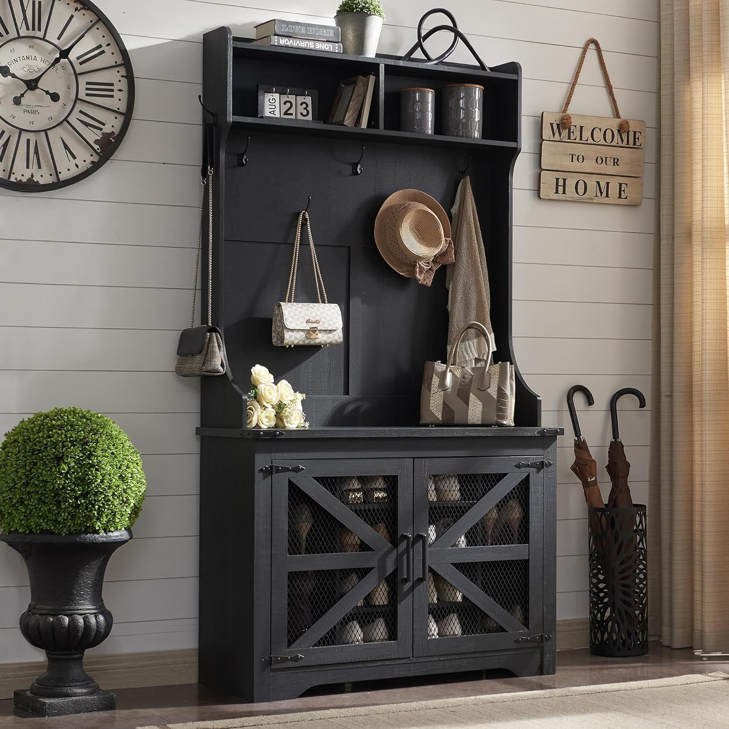 JXQTLINGMU Arbre de foyer de ferme de 59 pouces avec rangement pour chaussures, banc d'entrée, porte-manteau, armoire