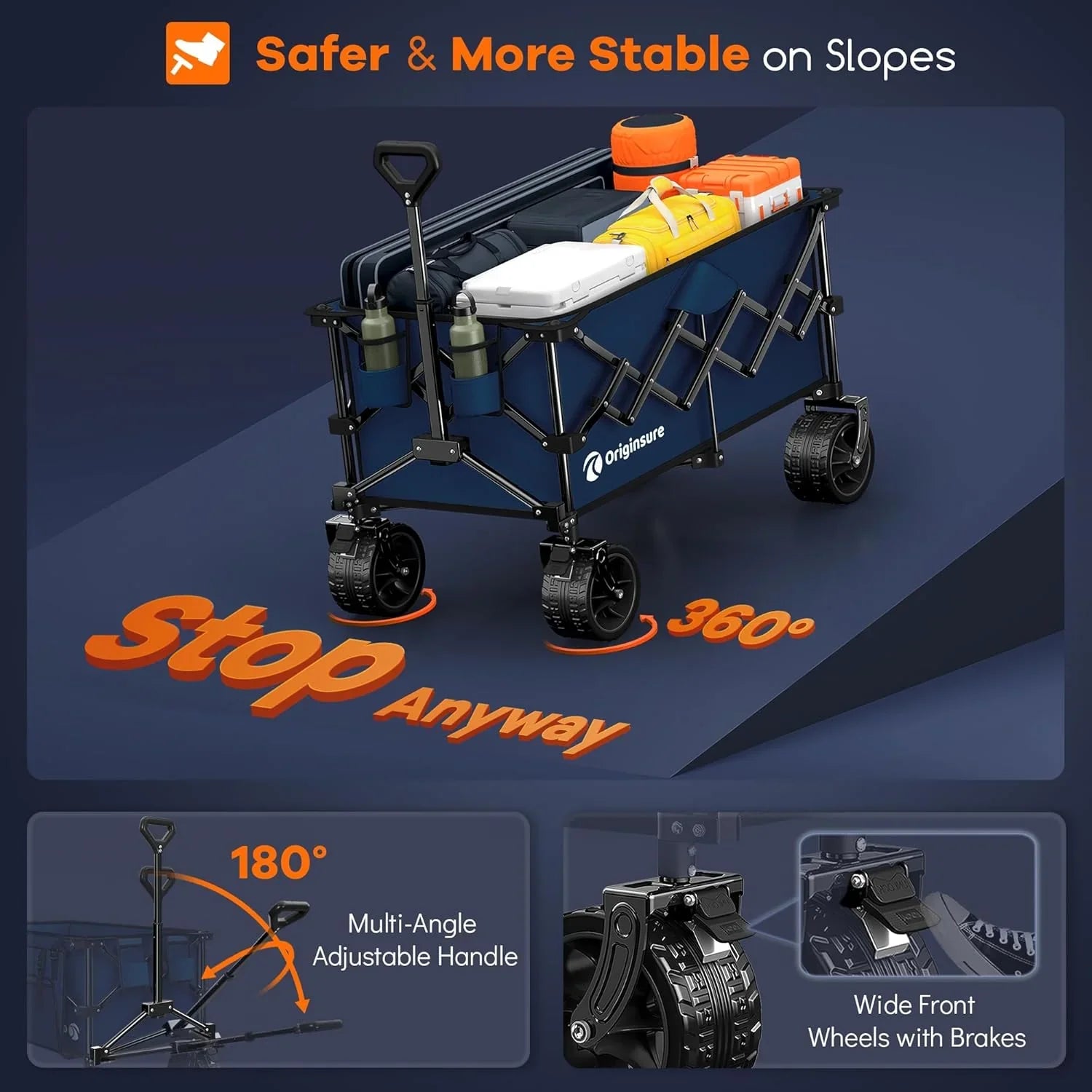 Poussette pliable à quatre roues de 96 cm de long, pliable, capacité de 200 kg, poussette de plage pliable robuste de 220 litres avec de grands pneus tout-terrain