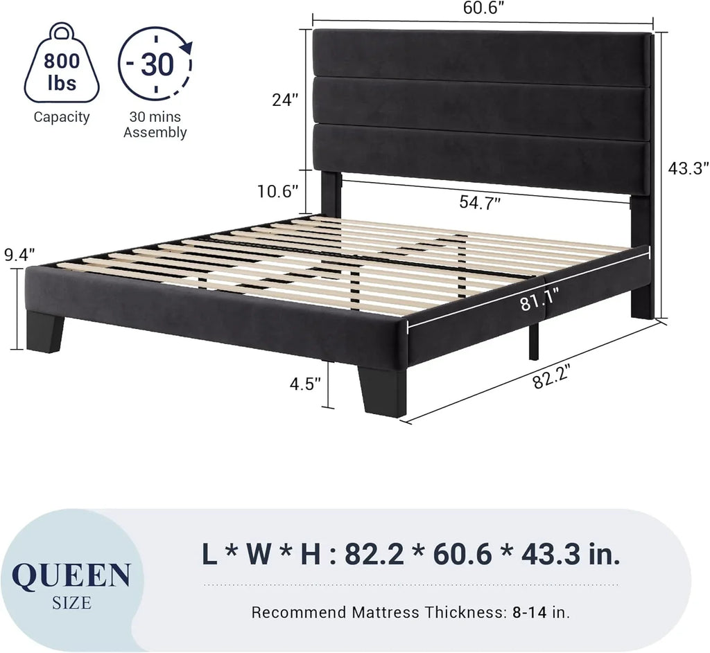 Cadre de lit plateforme Allewie Queen Size avec tête de lit rembourrée en tissu et support à lattes en bois, sommier entièrement rembourré (pas besoin de sommier)