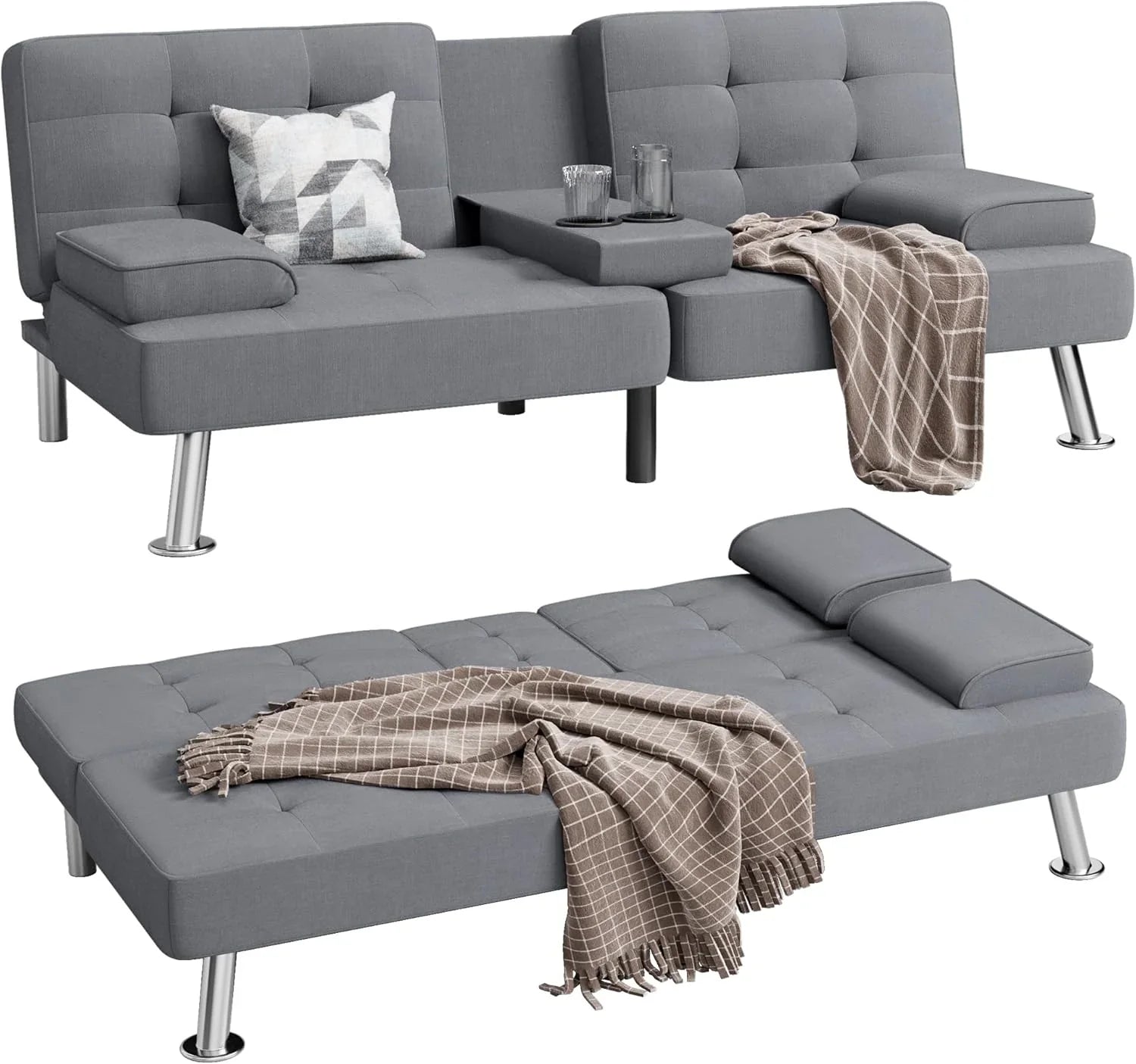 Canapé-lit futon convertible et pliable en lin moderne Shahoo avec accoudoirs amovibles, pieds en métal et 2 porte-gobelets pour le salon