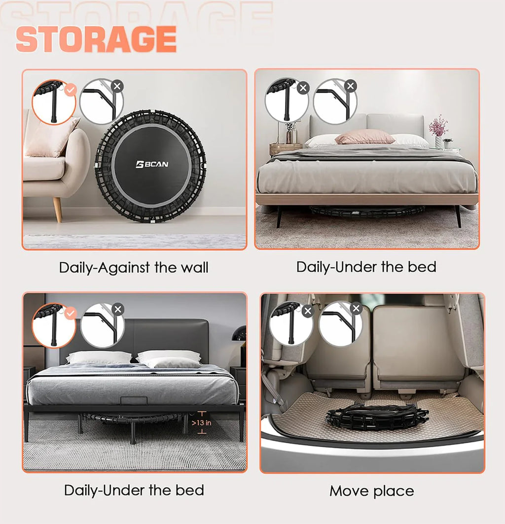 Mini-trampoline pliable BCAN 450/550 lb, trampoline de fitness 40"/48" stable et silencieux