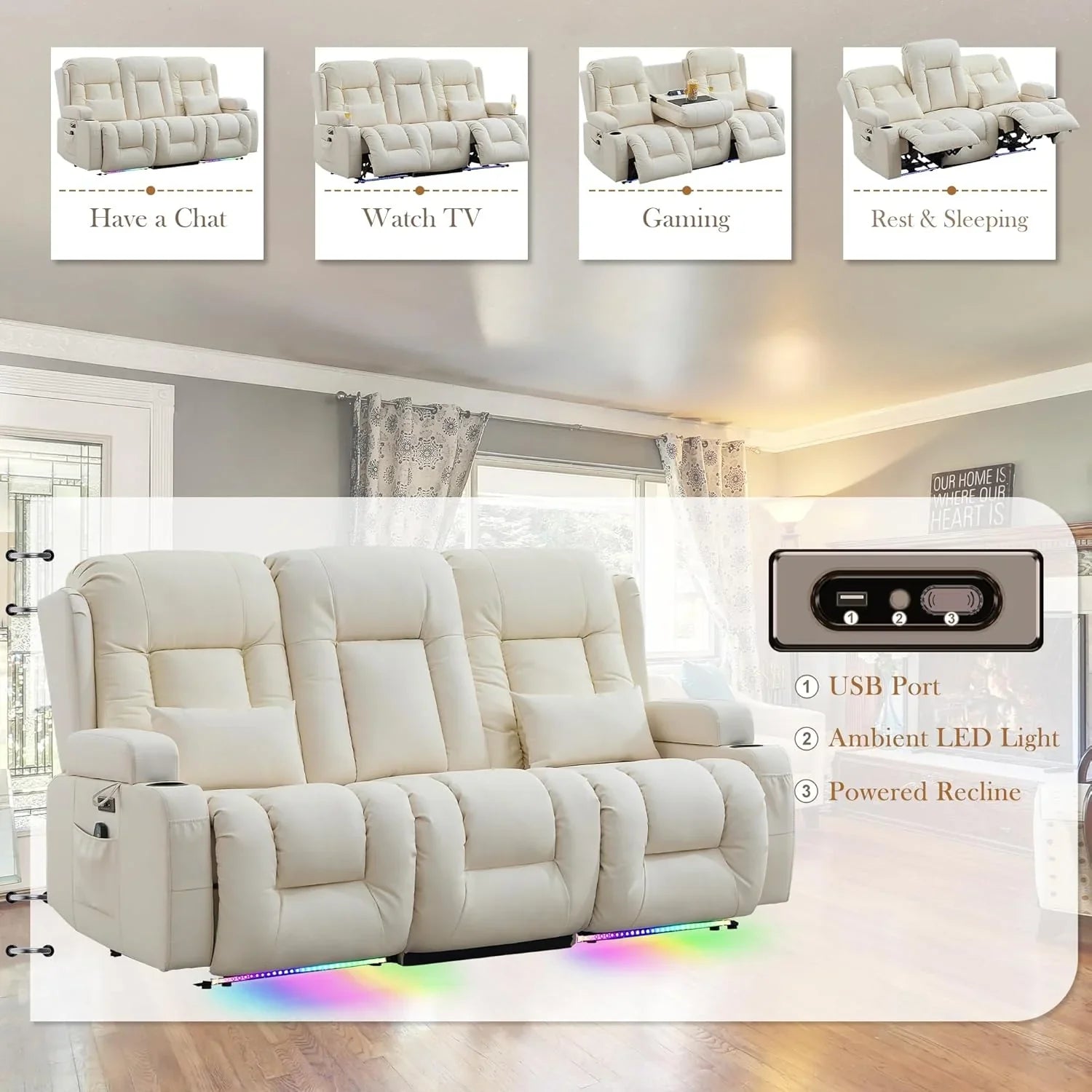 Canapé inclinable électrique TUNYI avec fonctions massage et chauffage, siège home cinéma avec console, canapé inclinable électrique pour camping-car