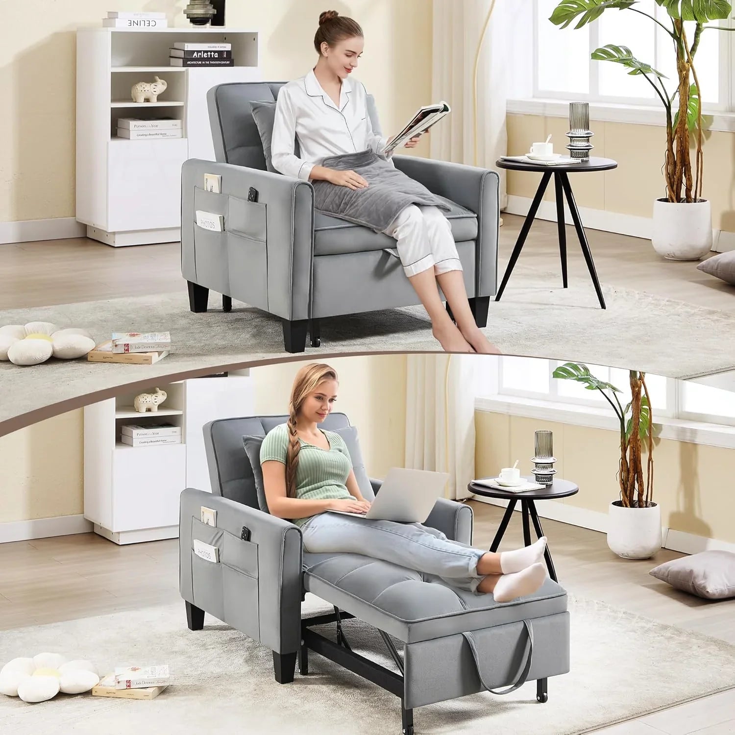 Fauteuil convertible 3 en 1, canapé-lit gigogne, canapé simple en velours avec dossier réglable