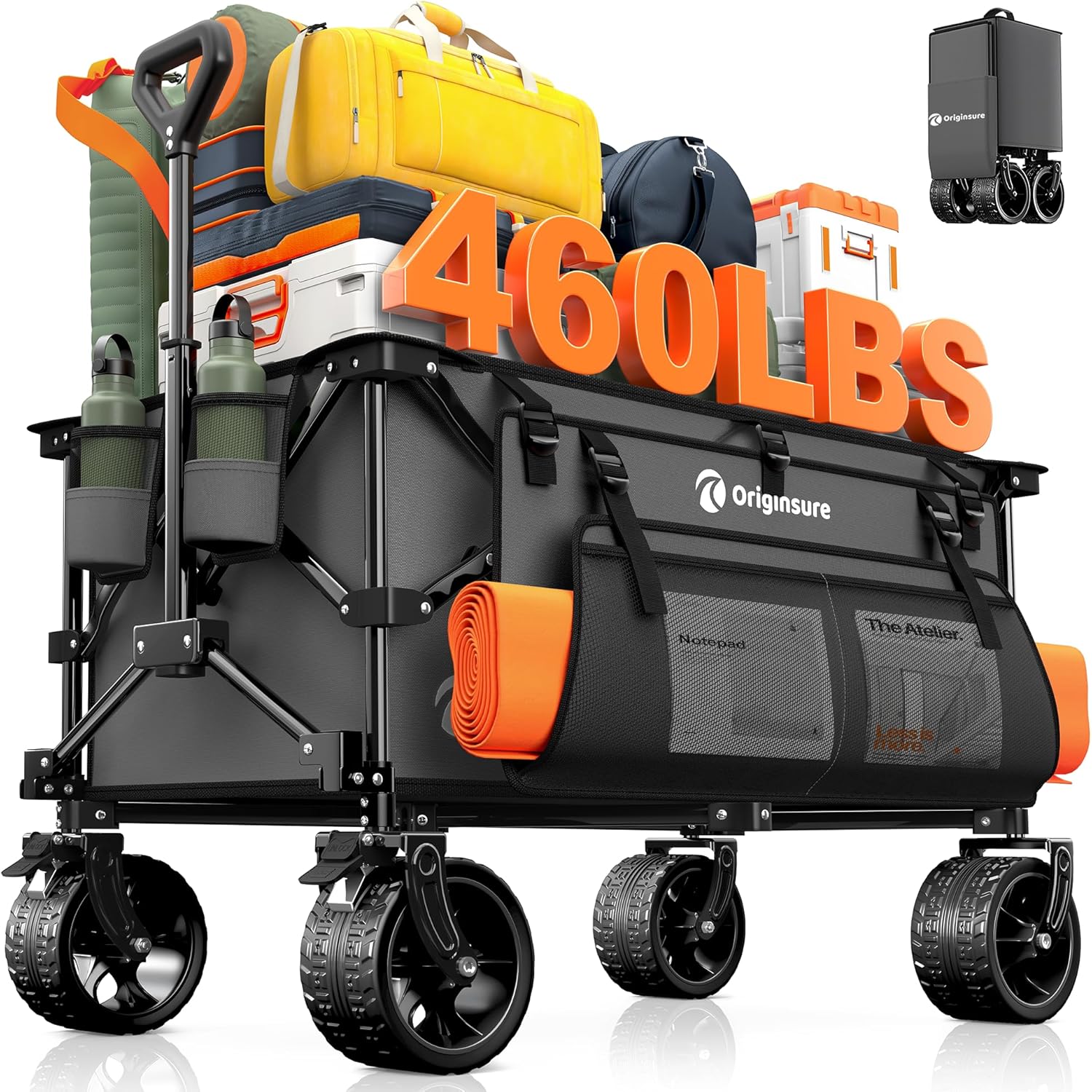 Poussette pliable à quatre roues de 96 cm de long, pliable, capacité de 200 kg, poussette de plage pliable robuste de 220 litres avec de grands pneus tout-terrain