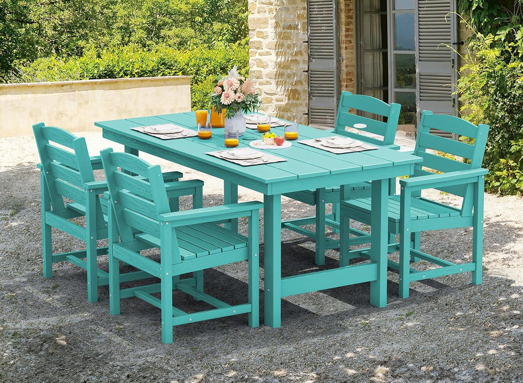 Ensemble de salle à manger d'extérieur en PEHD, 7 pièces, avec table découpée pour parasol et 6 chaises