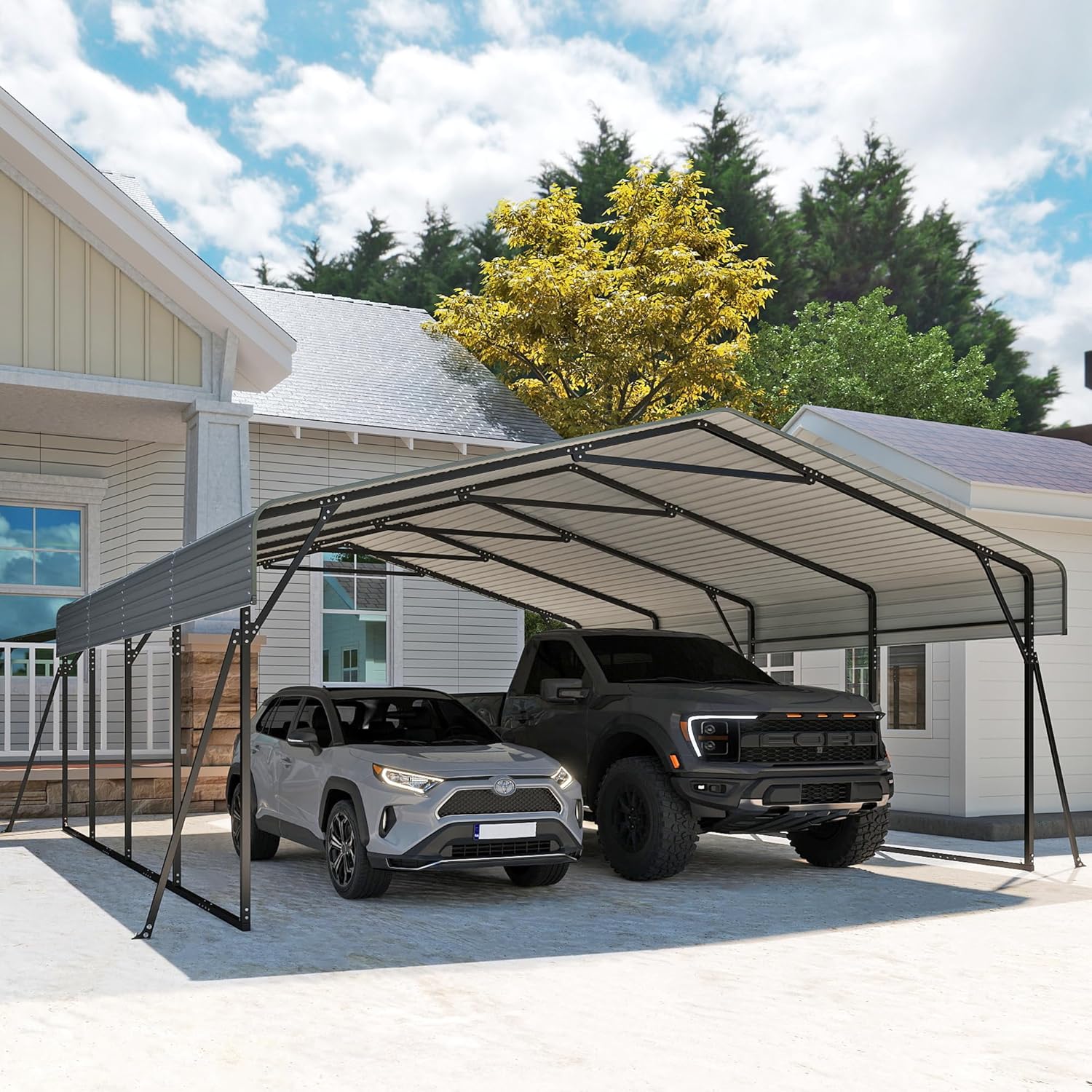 Abri d'auto en métal robuste de 10'x15', abri de garage extérieur avec cadre plus lourd