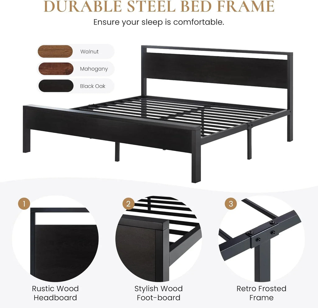 Cadre de lit plateforme en métal SHA CERLIN 14" Queen, antidérapant et silencieux, chêne noir