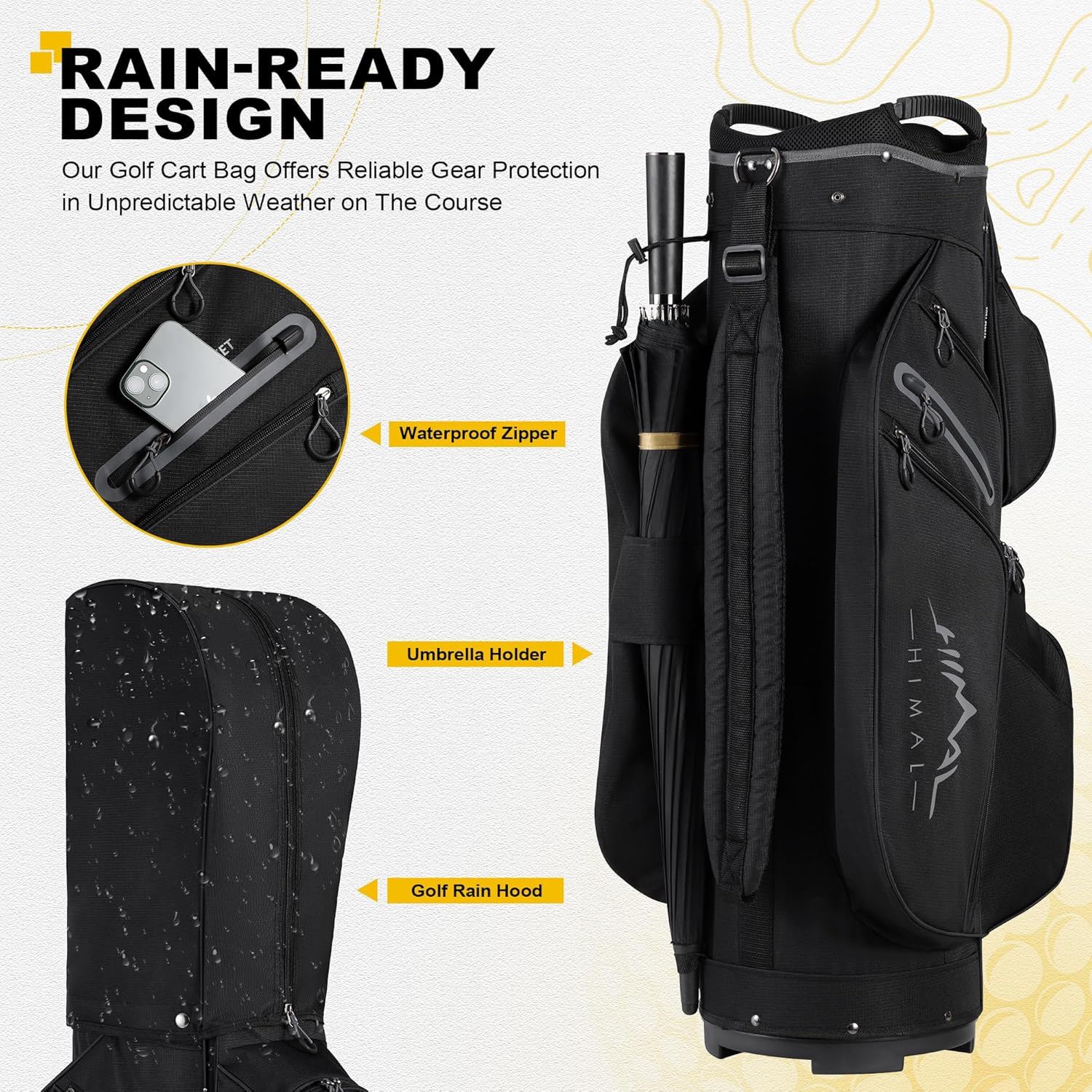 Sac de chariot de golf, organiseur à 15 compartiments, compartiment supérieur avec poignées et housse de pluie