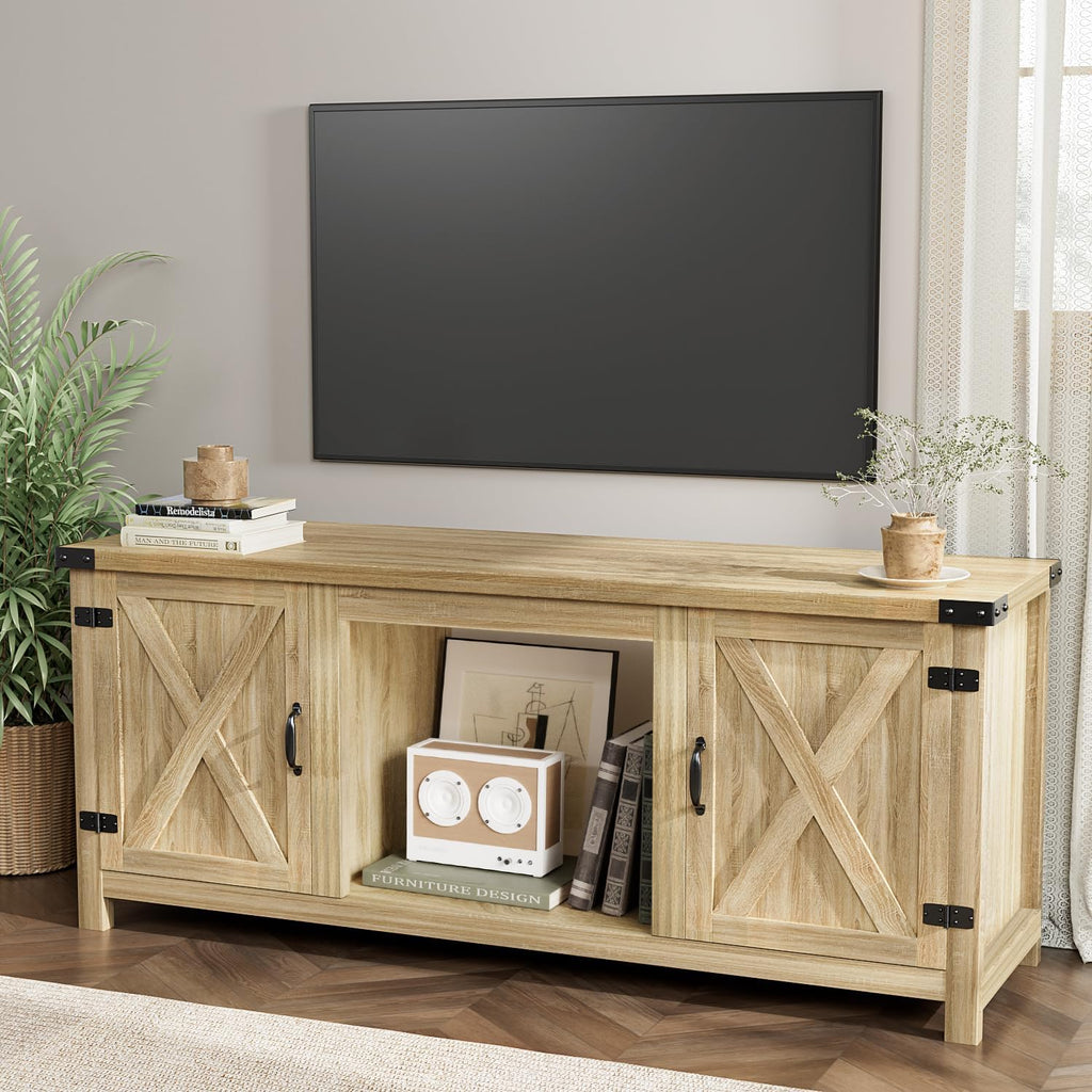 YESHOMY Meuble TV avec cheminée et deux portes de grange, armoires de rangement pour téléviseurs jusqu'à 65 pouces et plus, console de divertissement, meuble multimédia pour salon, 58 pouces