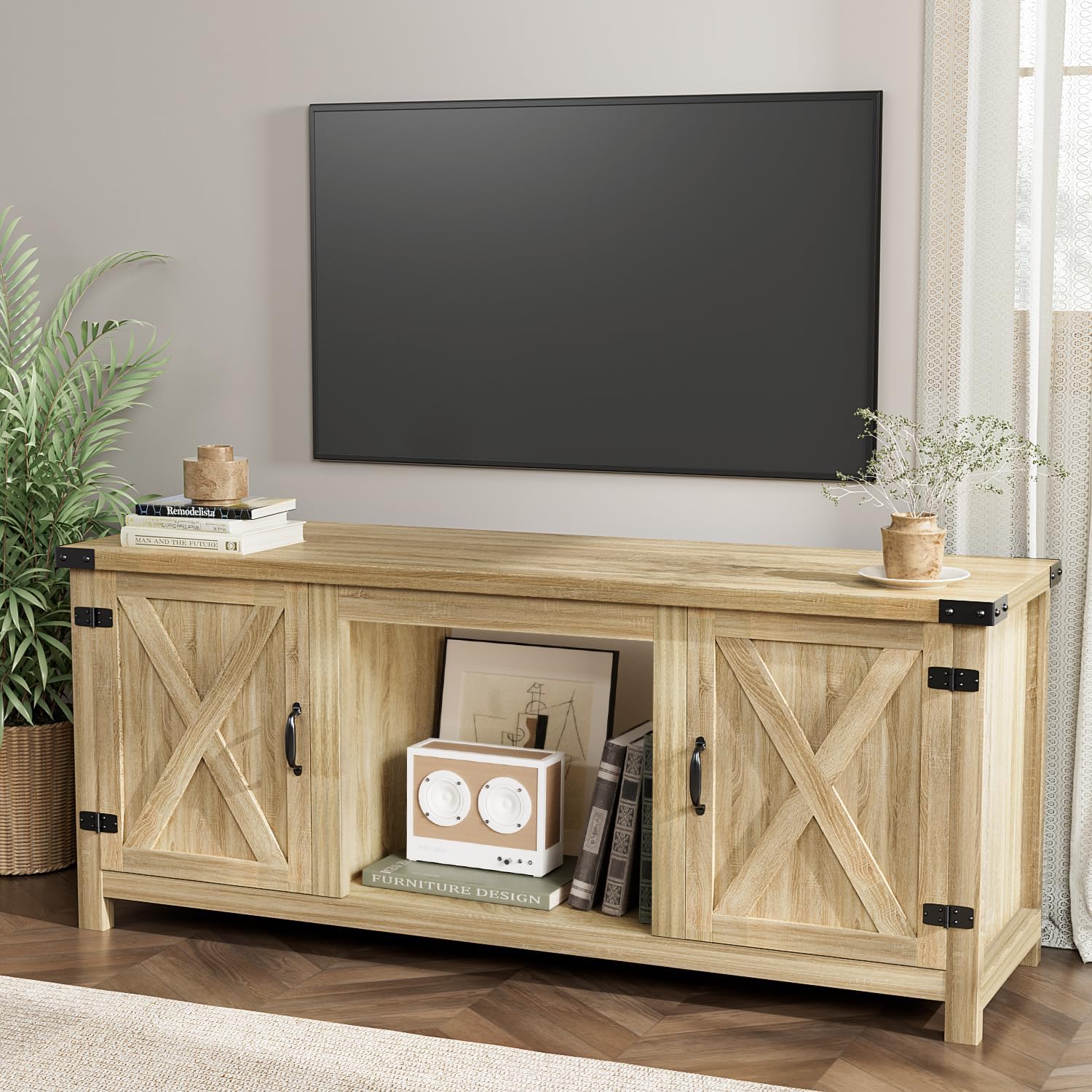 YESHOMY Meuble TV avec cheminée et deux portes de grange, armoires de rangement pour téléviseurs jusqu'à 65 pouces et plus, console de divertissement, meuble multimédia pour salon, 58 pouces