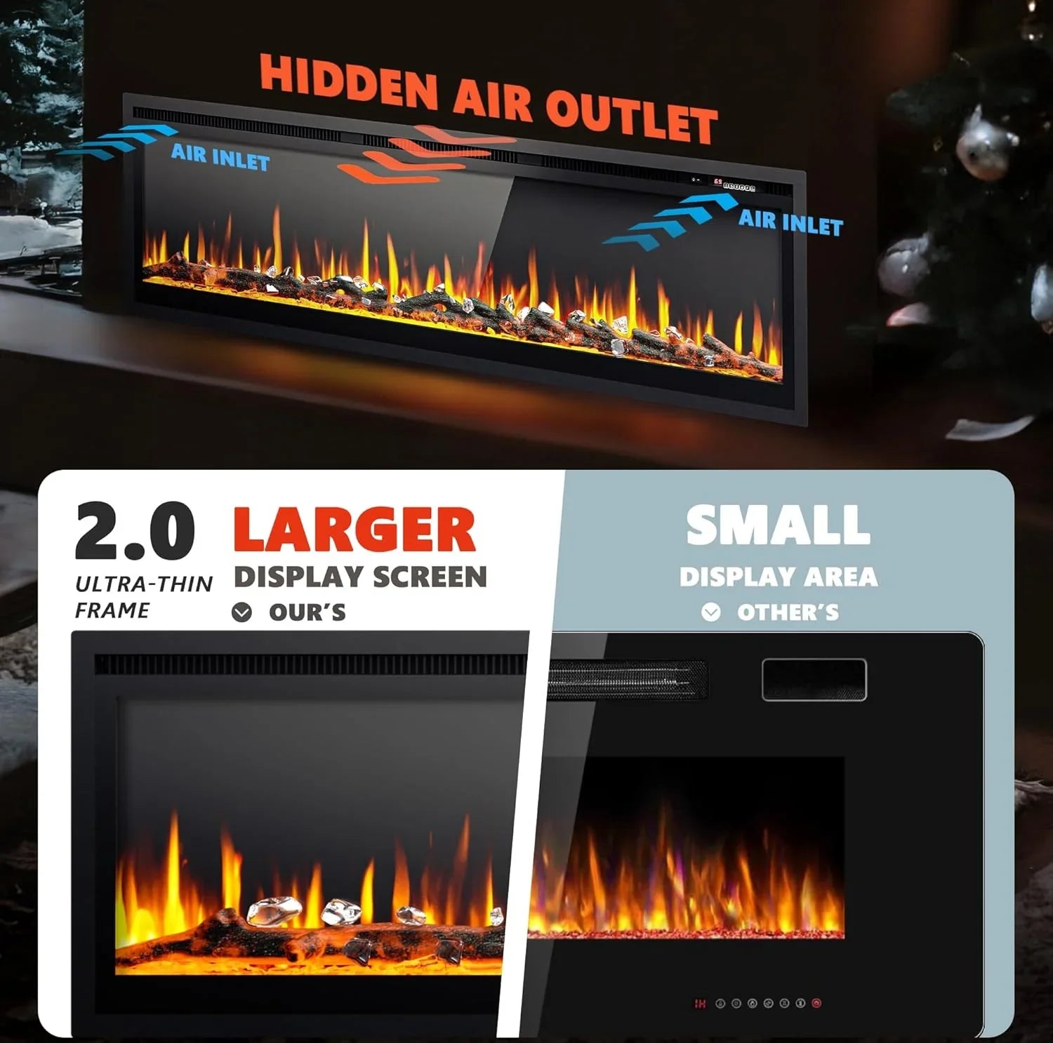 EUHOMY Cheminée électrique encastrée et murale de 50 pouces avec couleur de flamme réglable, chauffage de cheminée avec télécommande, cheminée linéaire avec minuterie, écran tactile, bûche et cristal, 750/1500 W