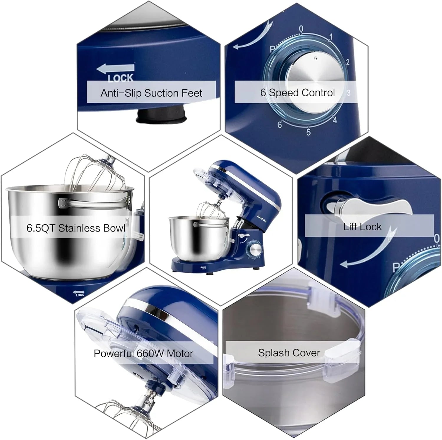 Batteur sur socle Aucma, 6,5 pintes, 660 W, 6 vitesses, tête inclinable, batteur électrique de cuisine avec crochet pétrisseur