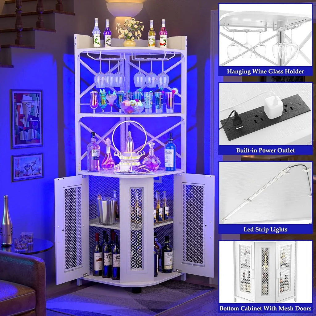 Meuble bar d'angle avec prise de courant, armoire à vin de style industriel avec bande lumineuse LED et support à verres, meuble bar à vin à cinq niveaux pour la maison, vitrine d'angle pour petit espace