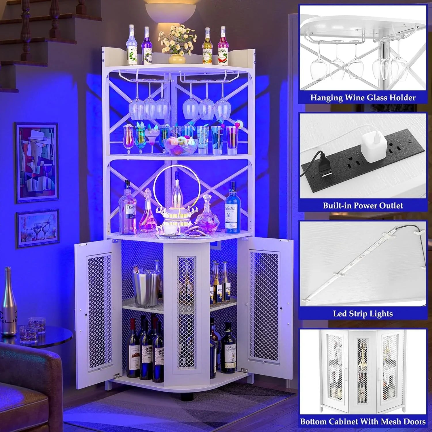 Meuble bar d'angle avec prise de courant, armoire à vin de style industriel avec bande lumineuse LED et support à verres, meuble bar à vin à cinq niveaux pour la maison, vitrine d'angle pour petit espace