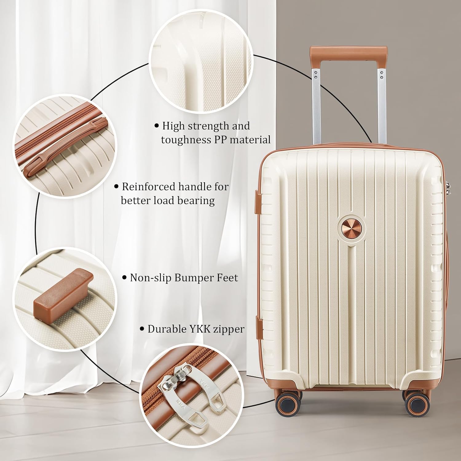 Ensemble de 5 valises de voyage légères à coque rigide en PP avec deux roulettes pivotantes et serrure TSA