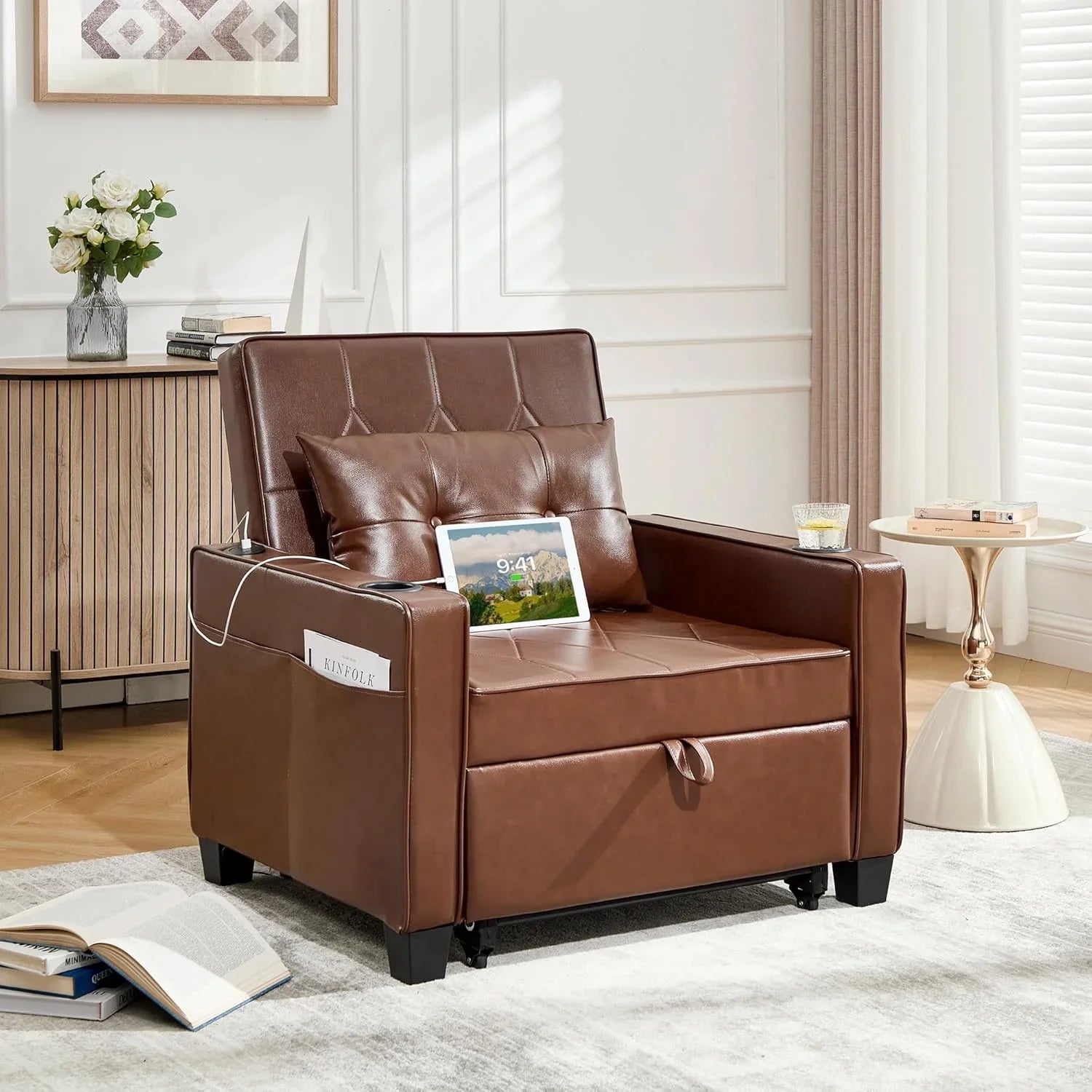 Fauteuil convertible pour adulte, canapé-lit gigogne 3 en 1 avec ports USB/Type-C, porte-gobelets, poches latérales, canapé simple