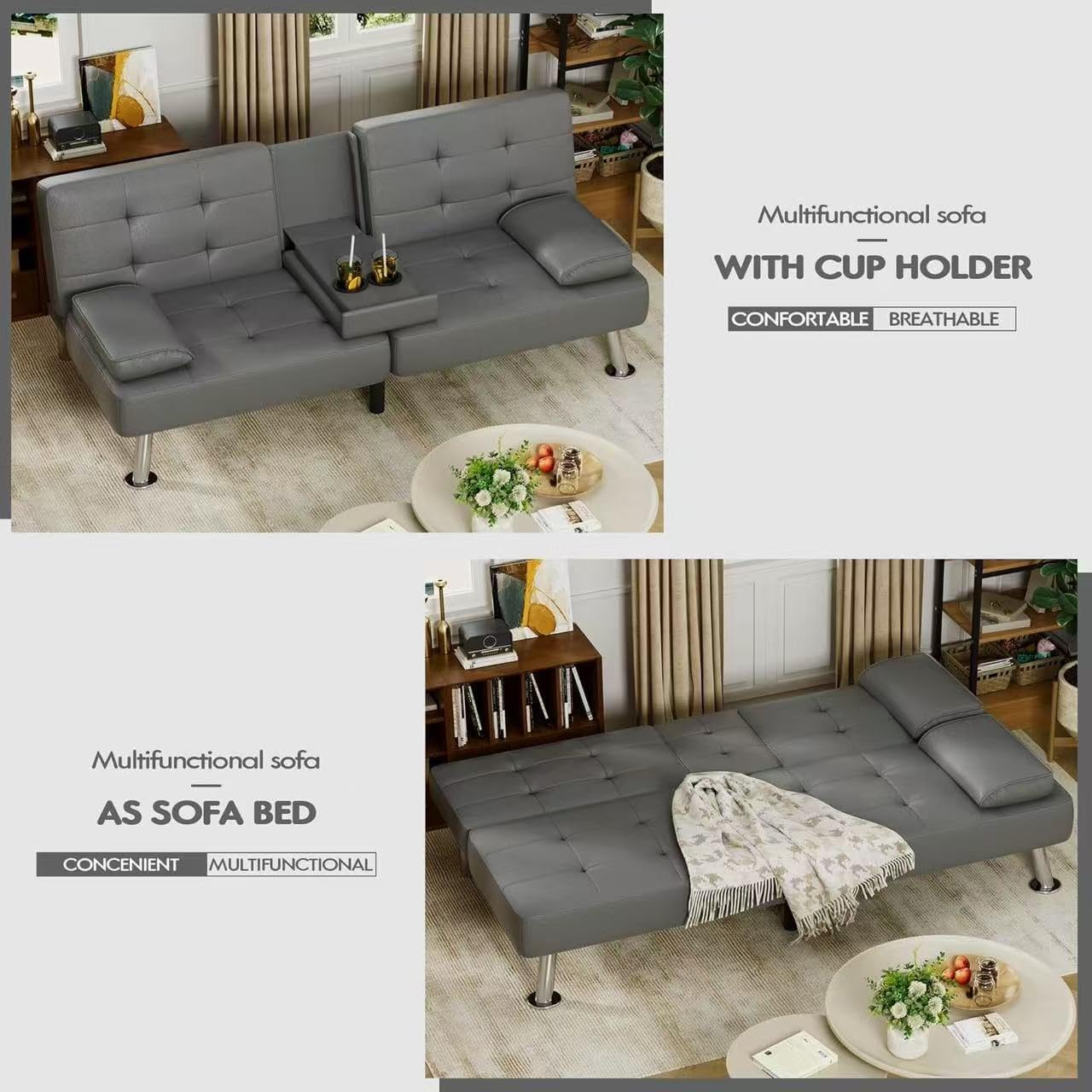 Canapé-lit futon Homall, canapé-lit futon en cuir avec accoudoirs amovibles, canapé-lit inclinable réglable avec deux porte-gobelets pour salon et appartement