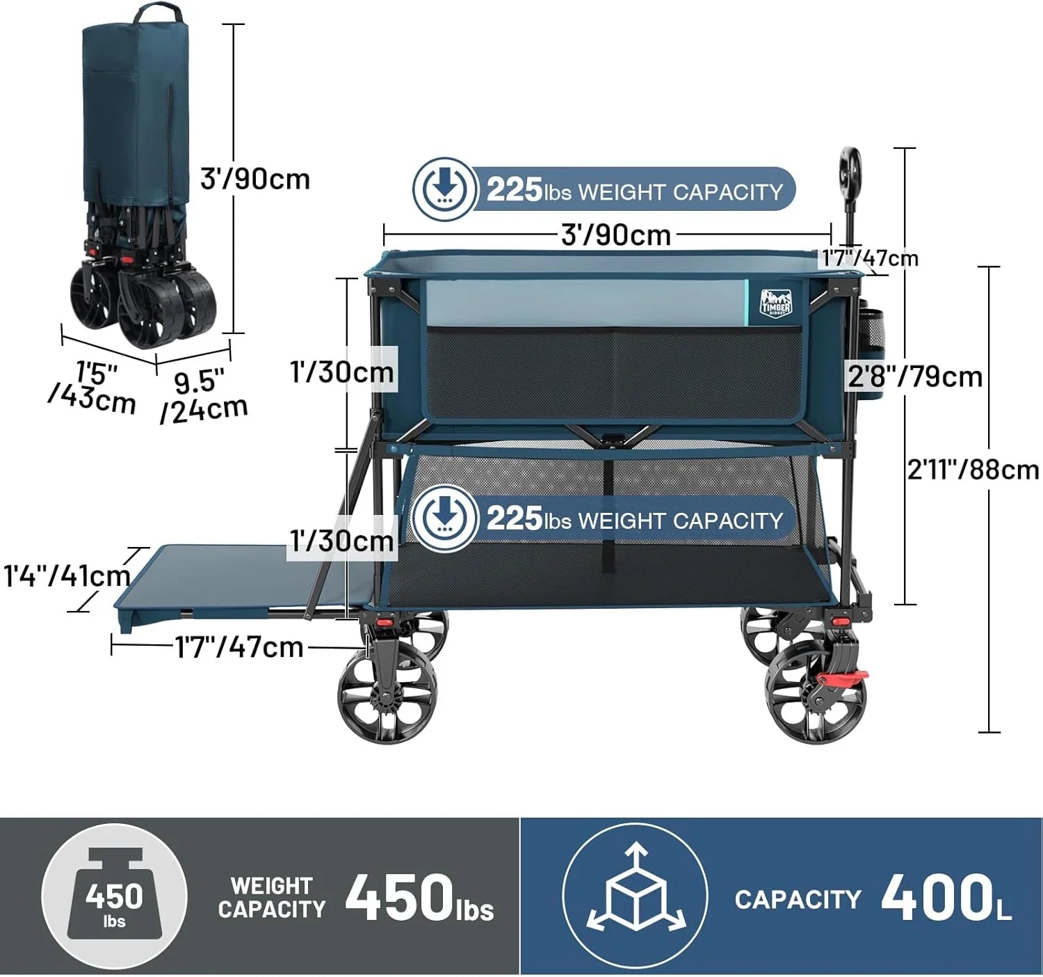Chariot pliable à deux étages de grande capacité de 400 L avec freins, chariot extra-long de 54 pouces, chariot pliable robuste de 450 livres
