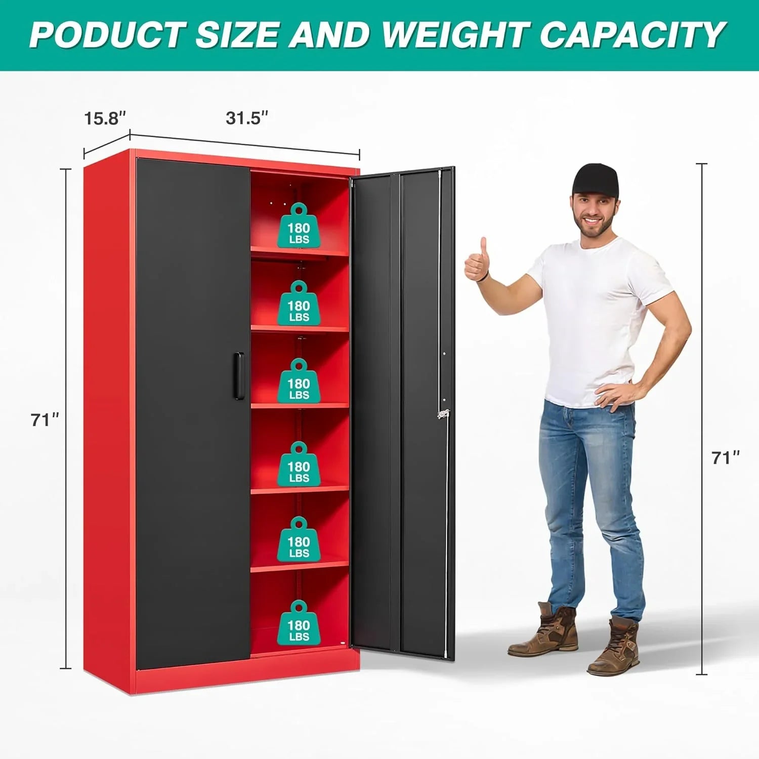Armoire de rangement en métal avec 2 portes et 6 étagères, armoire en métal noir avec serrure, armoire de rangement verrouillable pour garage de 71 pouces