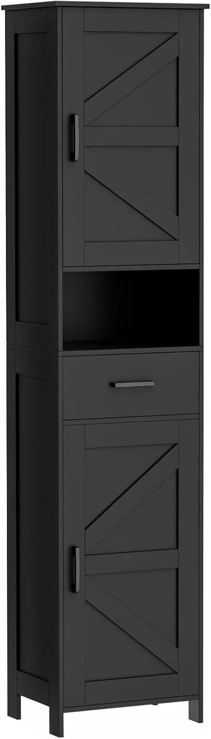 Meuble de rangement de salle de bain Homhedy de 67 po de hauteur avec 2 portes de grange et 1 tiroir