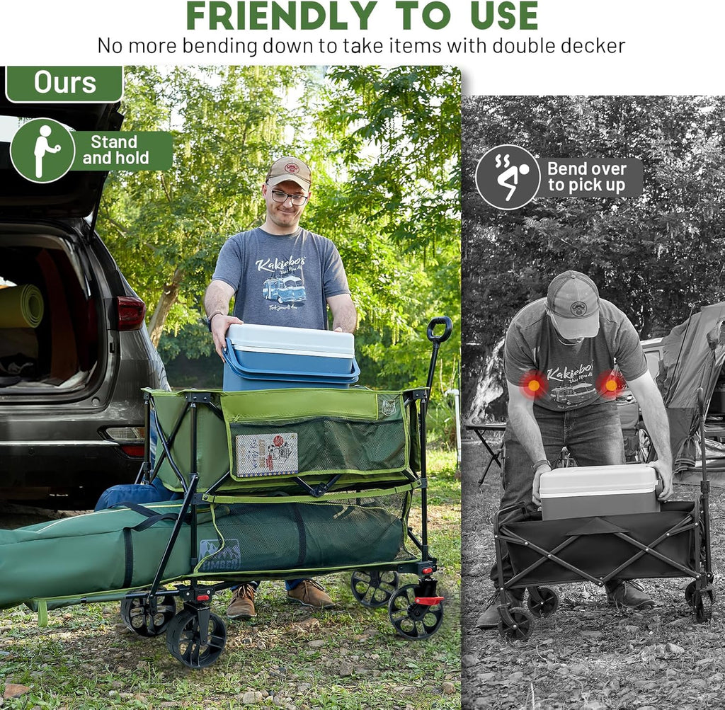 Chariot pliable à deux étages de grande capacité de 400 L avec freins, chariot extra-long de 54 pouces, chariot pliable robuste de 450 livres